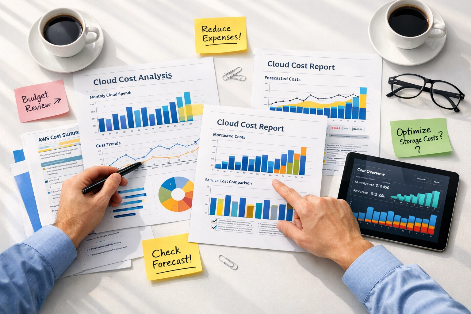 Cloud cost analysis session with professionals reviewing optimization reports and savings data