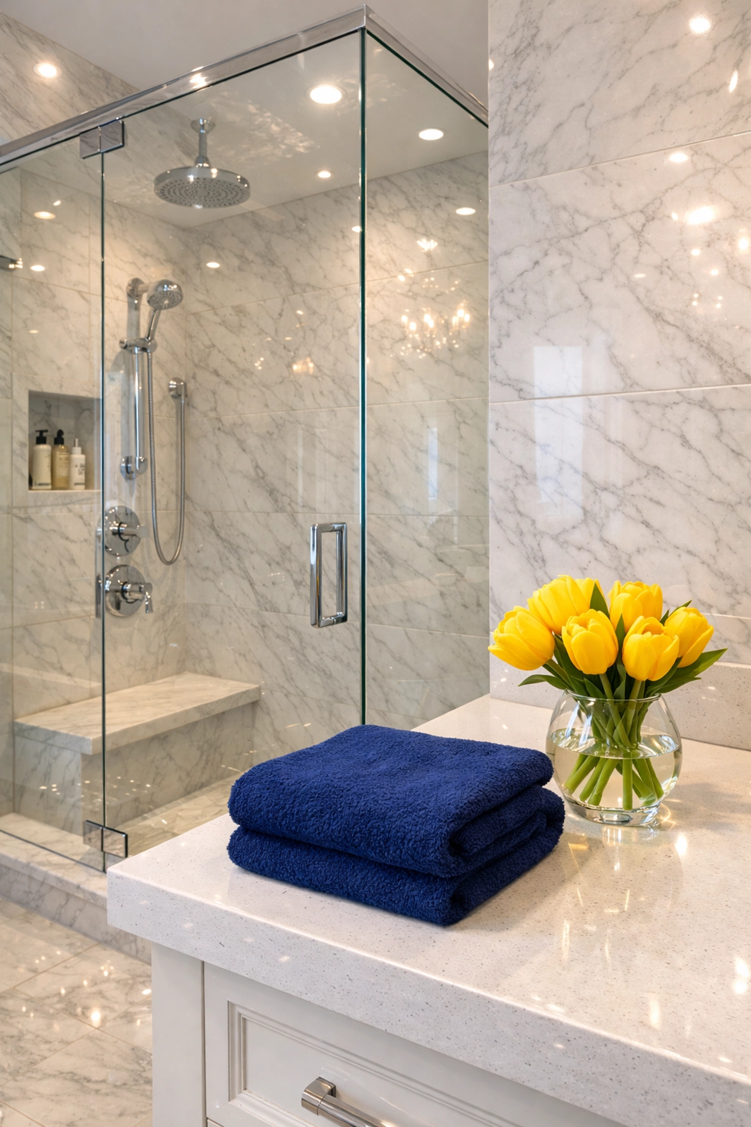Luxury marble bathroom in Wellesley looking pristine after high-detail deep cleaning services.
