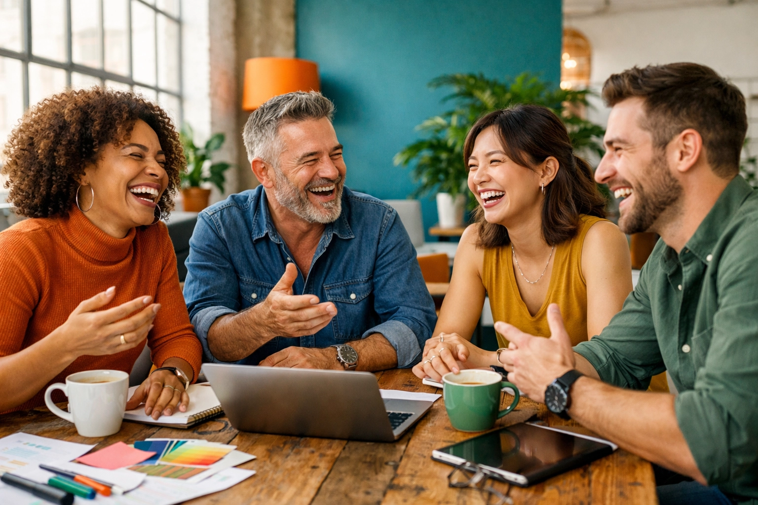 Diverse professional team laughing together representing an authentic human-centered brand refresh.
