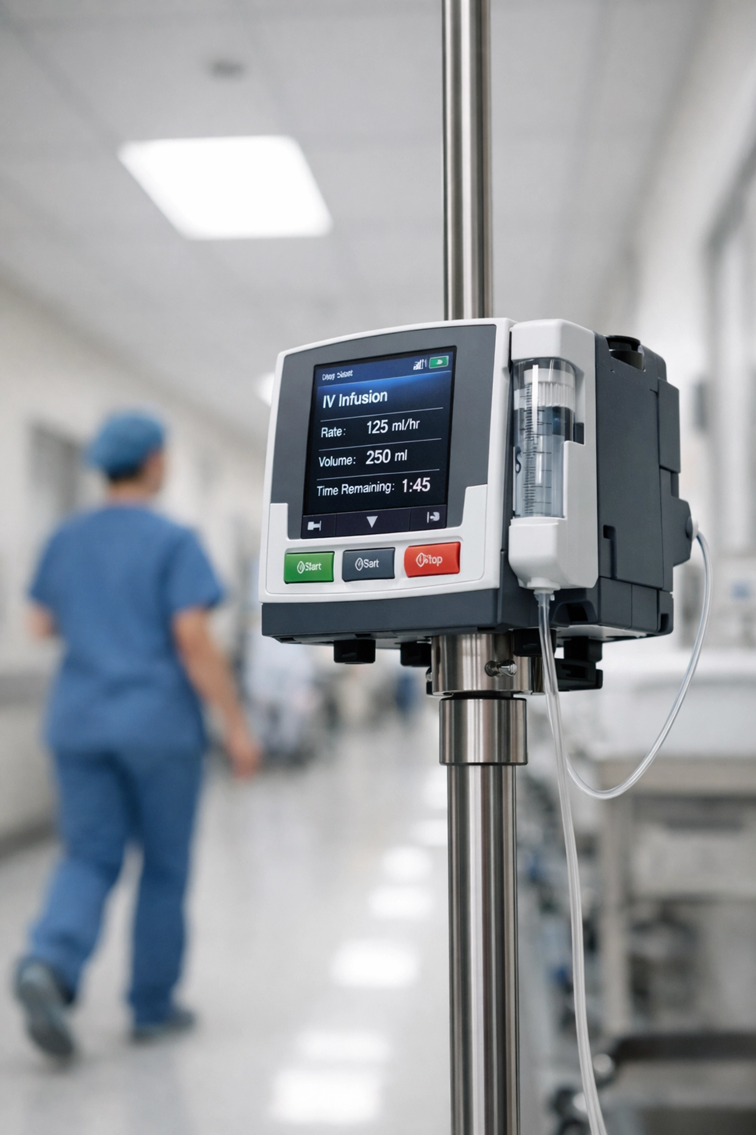 Smart infusion pump in a hospital corridor highlighting risks of unencrypted medical device networks.