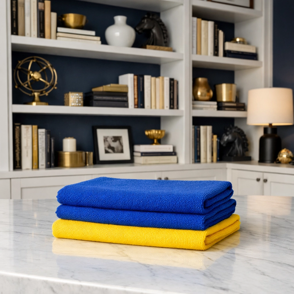 Dust-free luxury library shelves and microfiber cloths, highlighting professional residential cleaning Massachusetts.