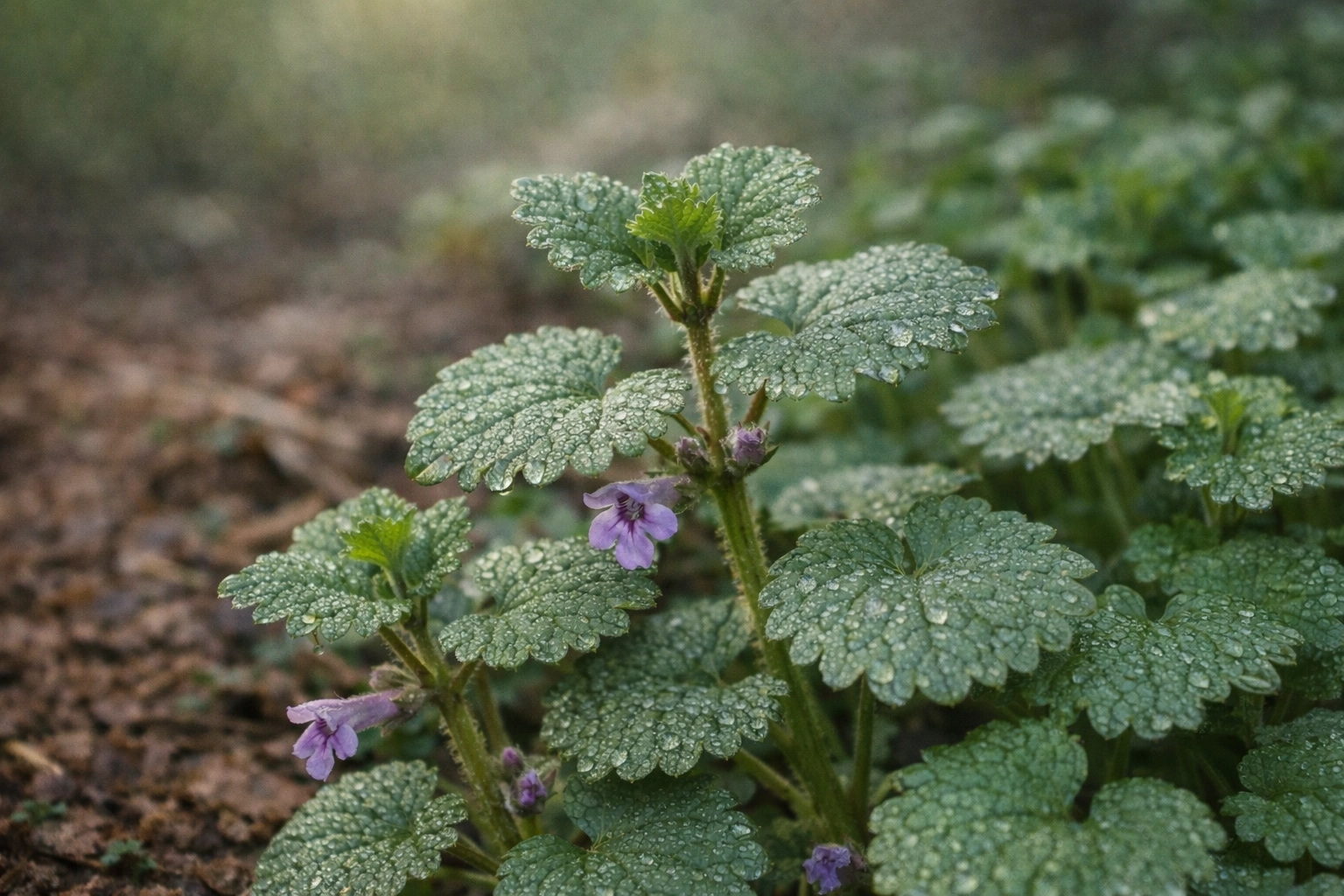 Fresh ground ivy plant showing distinctive kidney-shaped leaves and square stems
