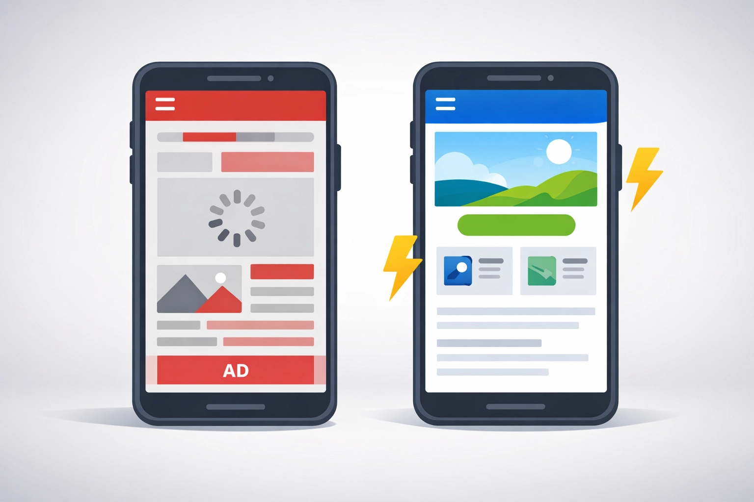 Mobile-first web design comparison showing fast responsive site versus slow loading website