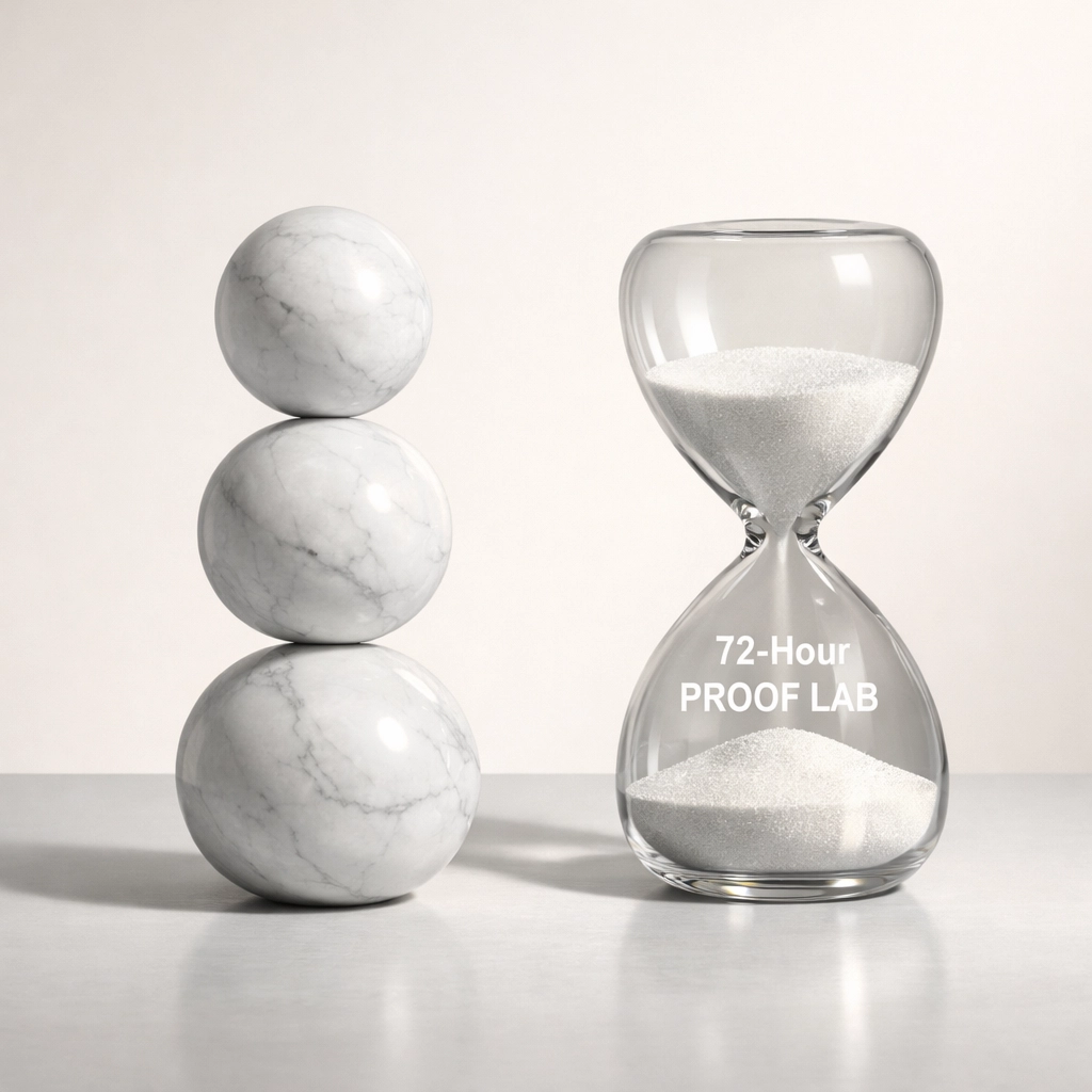 Balanced marble spheres and an hourglass representing the 3-day Sciatica Proof Lab for body balancing.
