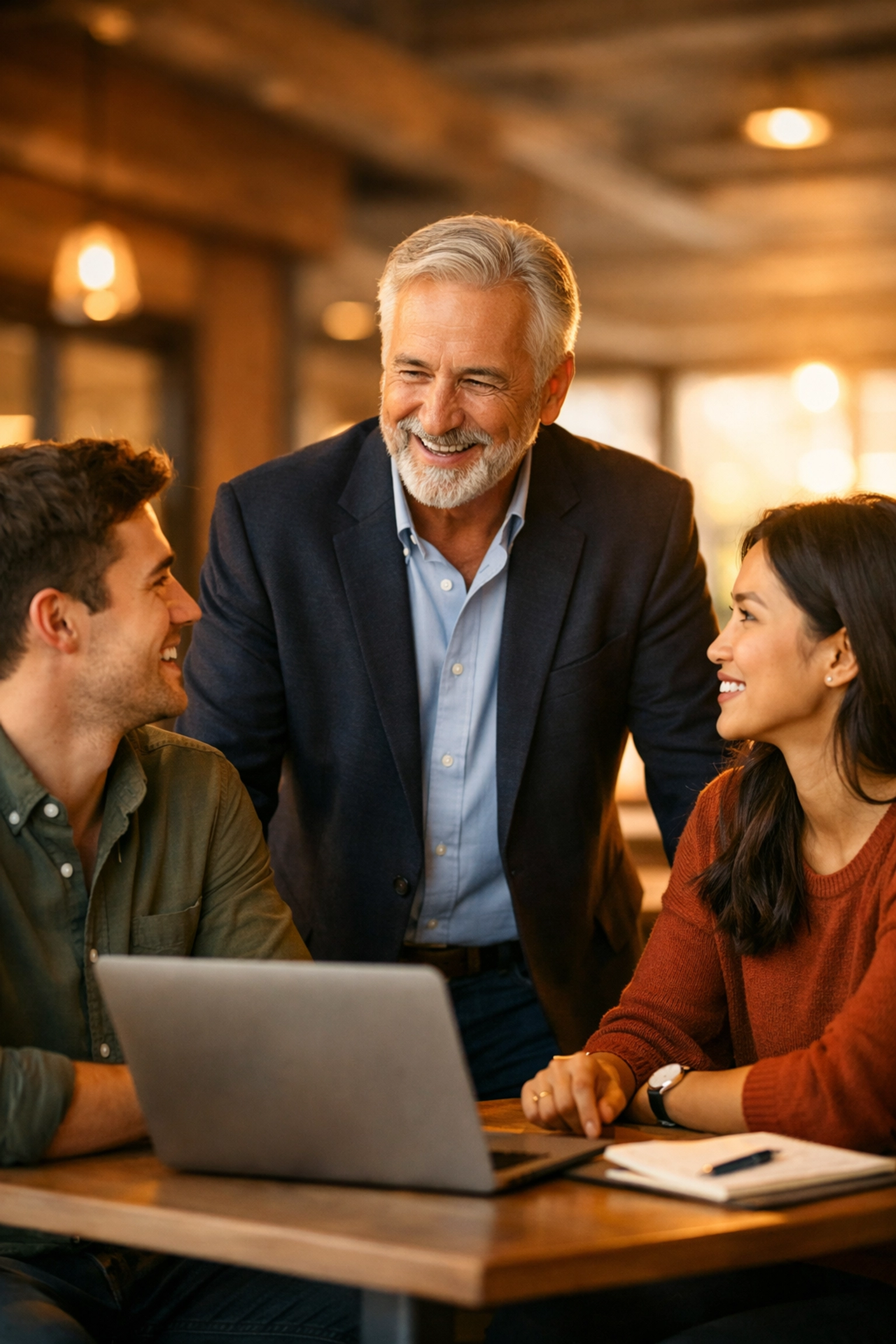 Collaborative leadership team discussing how AI tools support their people-first mission in a modern office.