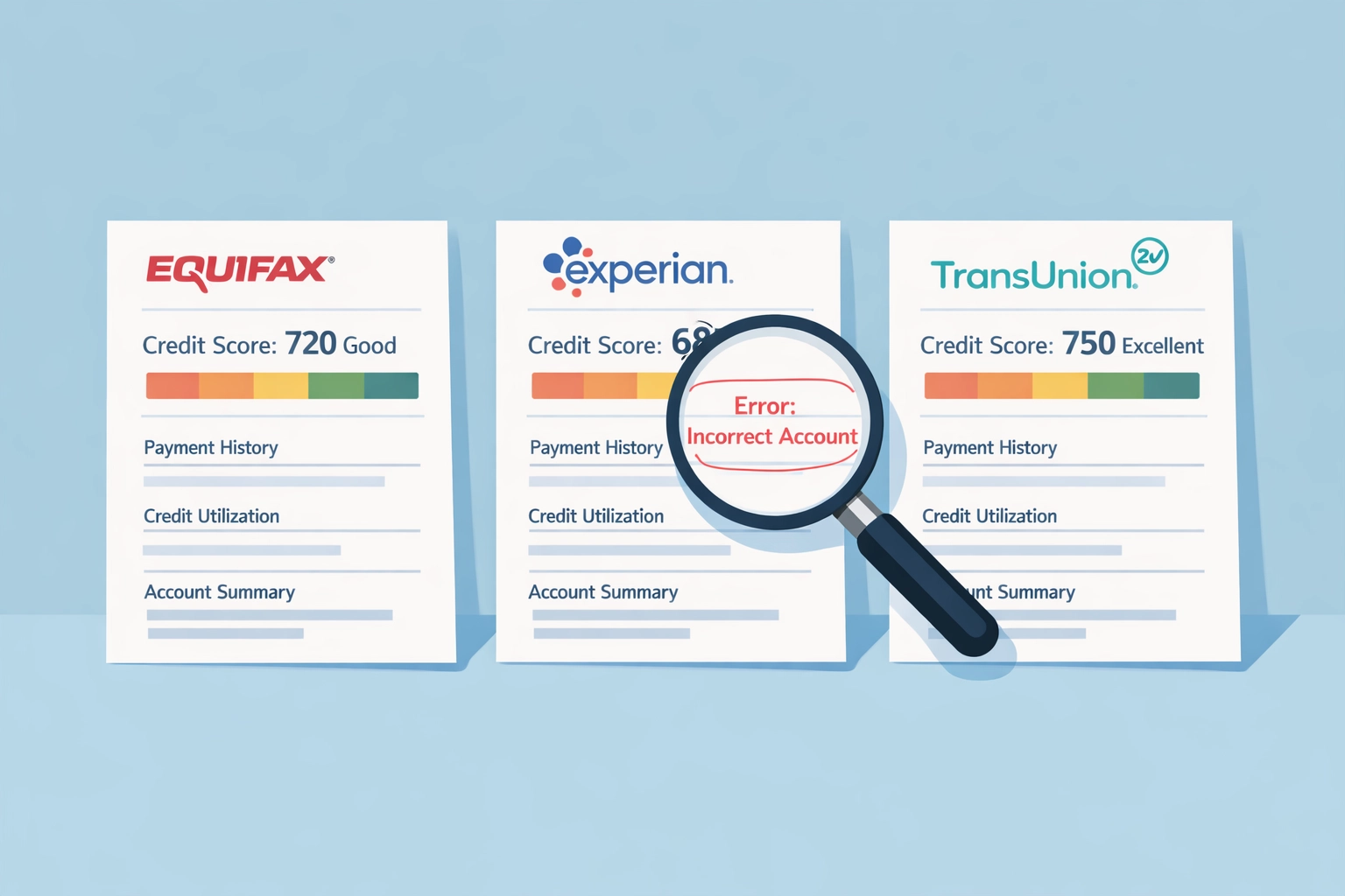 Tres reportes de crédito bajo revisión con lupa para identificar errores y disputas