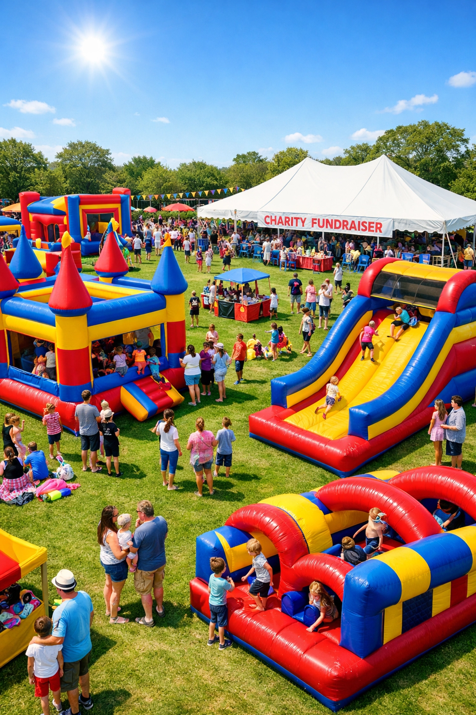 Outdoor charity fundraiser with inflatable entertainment and event tent for families