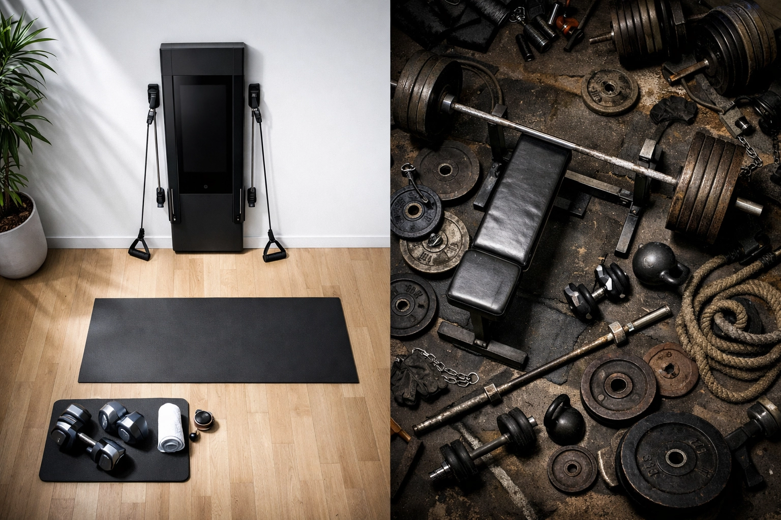 Modern home gym equipment vs traditional barbells showing space-efficient floor-to-ceiling system