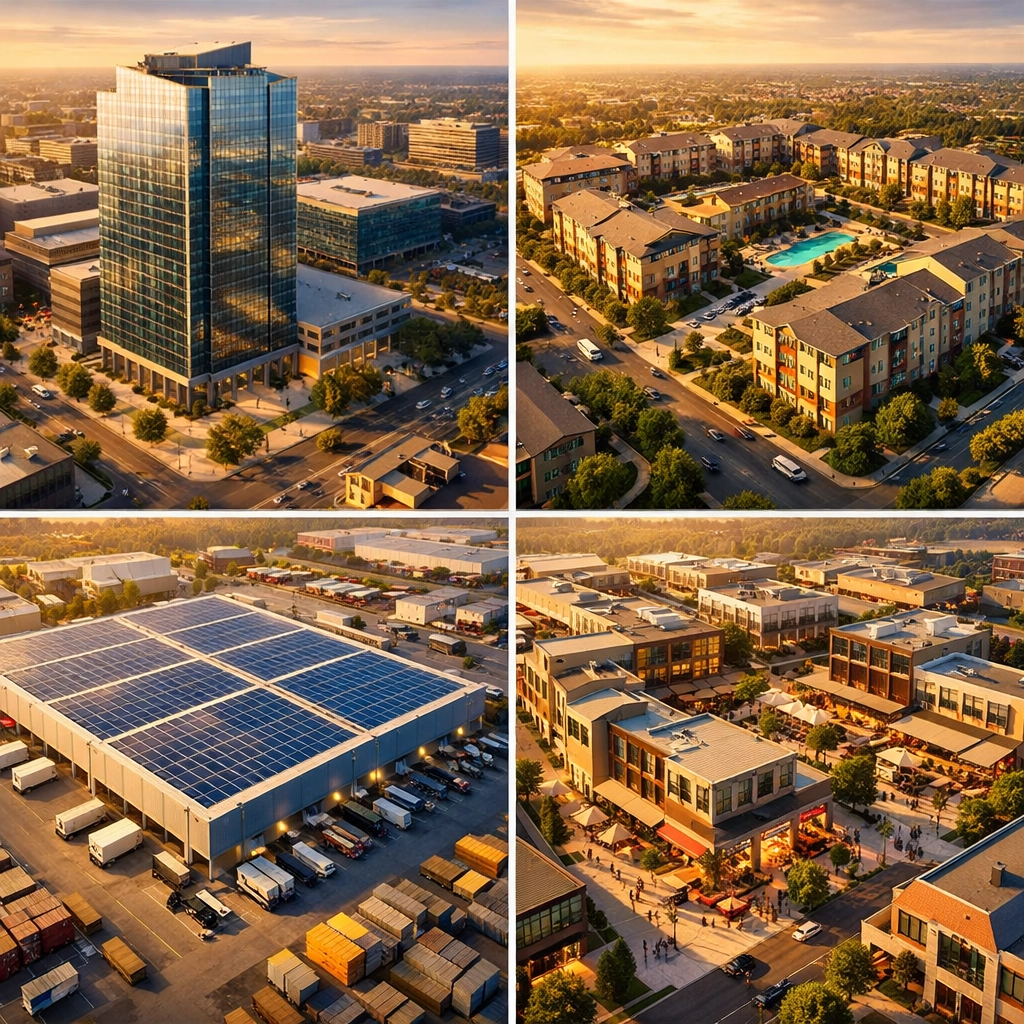 Diversified real estate investment portfolio with commercial, residential, and industrial properties