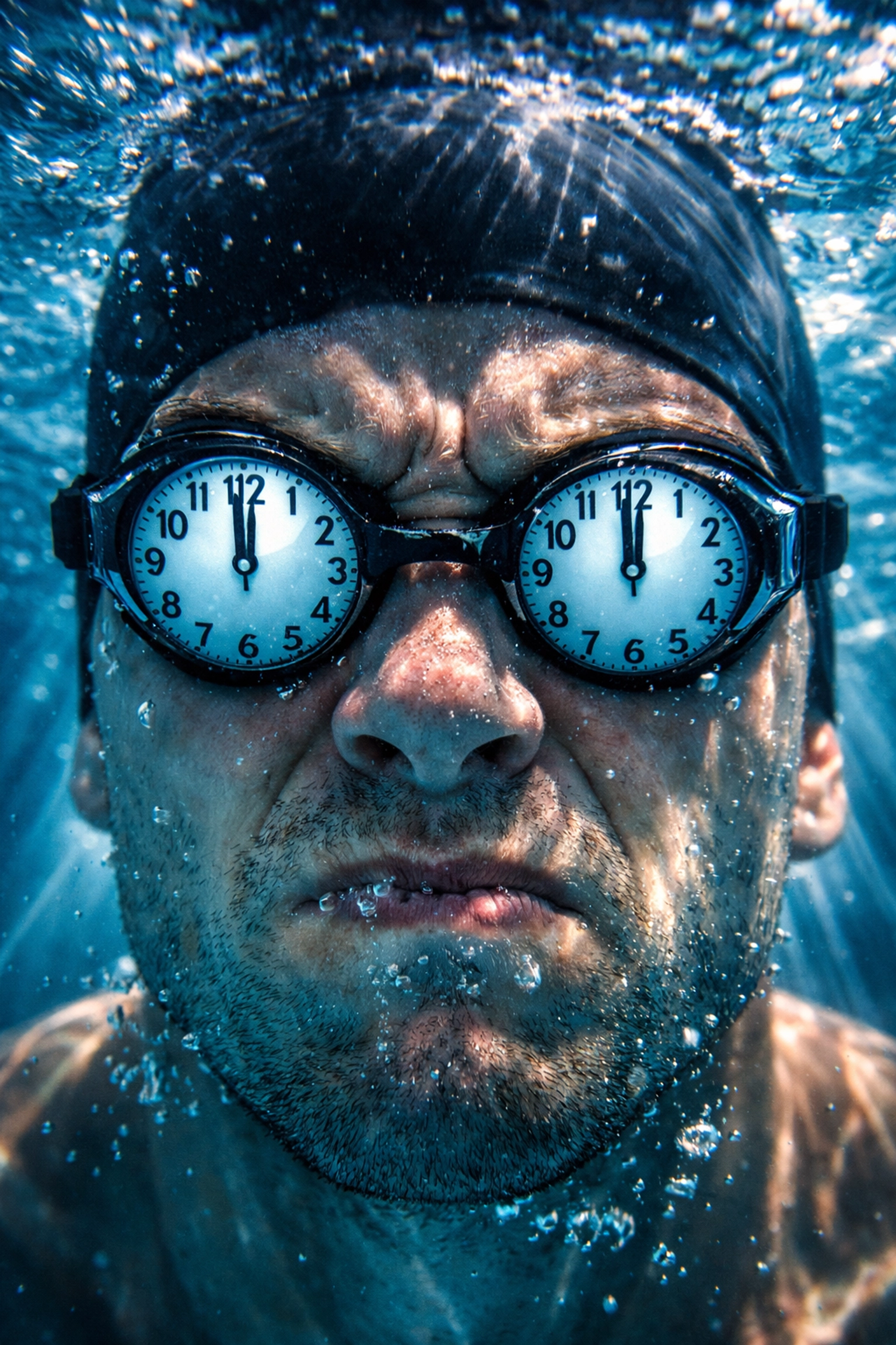 Nadador frustrado bajo el agua mostrando estancamiento en tiempos de natación