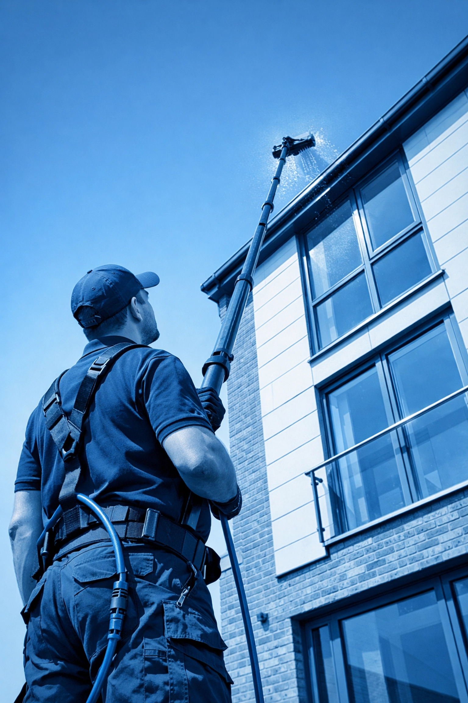 Water fed pole window cleaning system reaching second-story windows in Cambridge