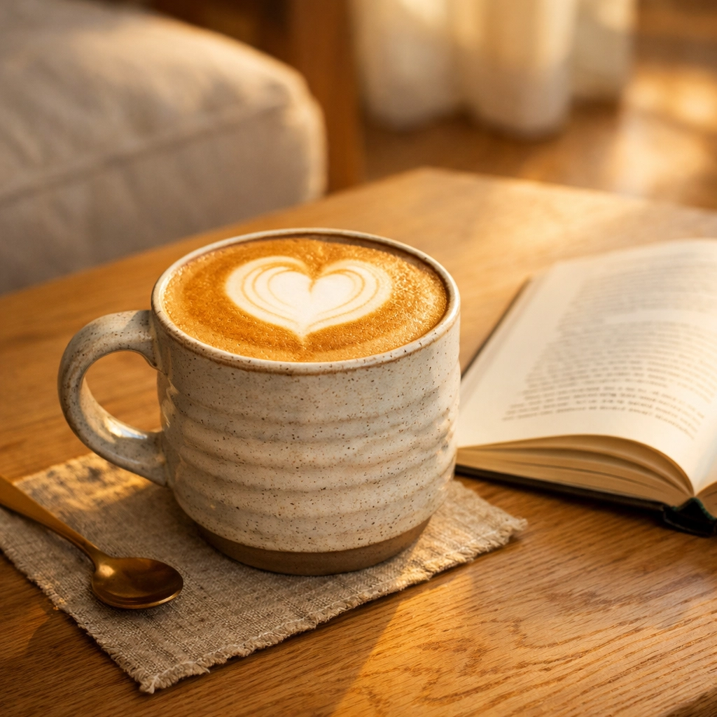A homemade latte with heart-shaped art, showcasing coffee shop quality results.