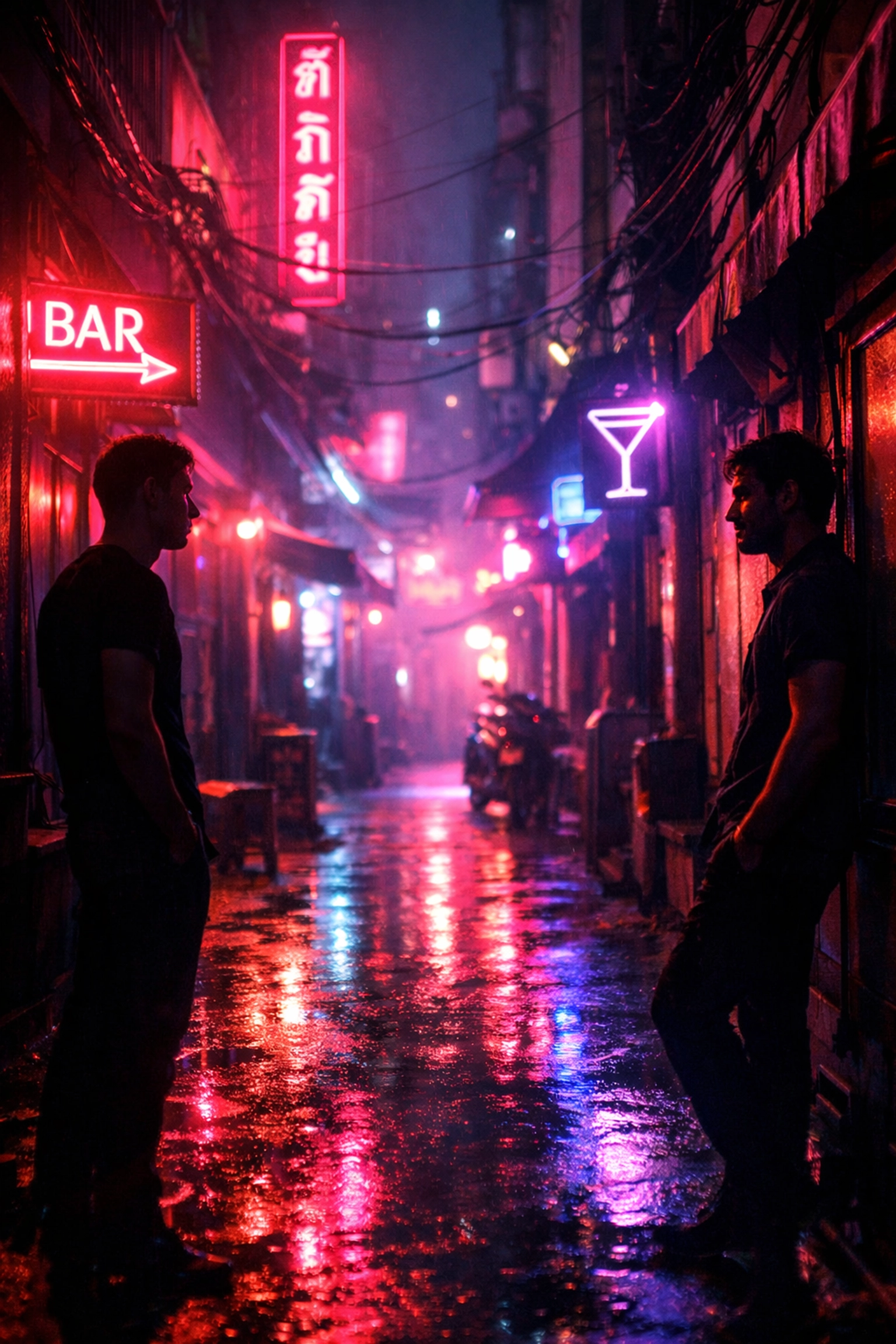 Bangkok gay cruising scene with neon lights in narrow alleyway at night