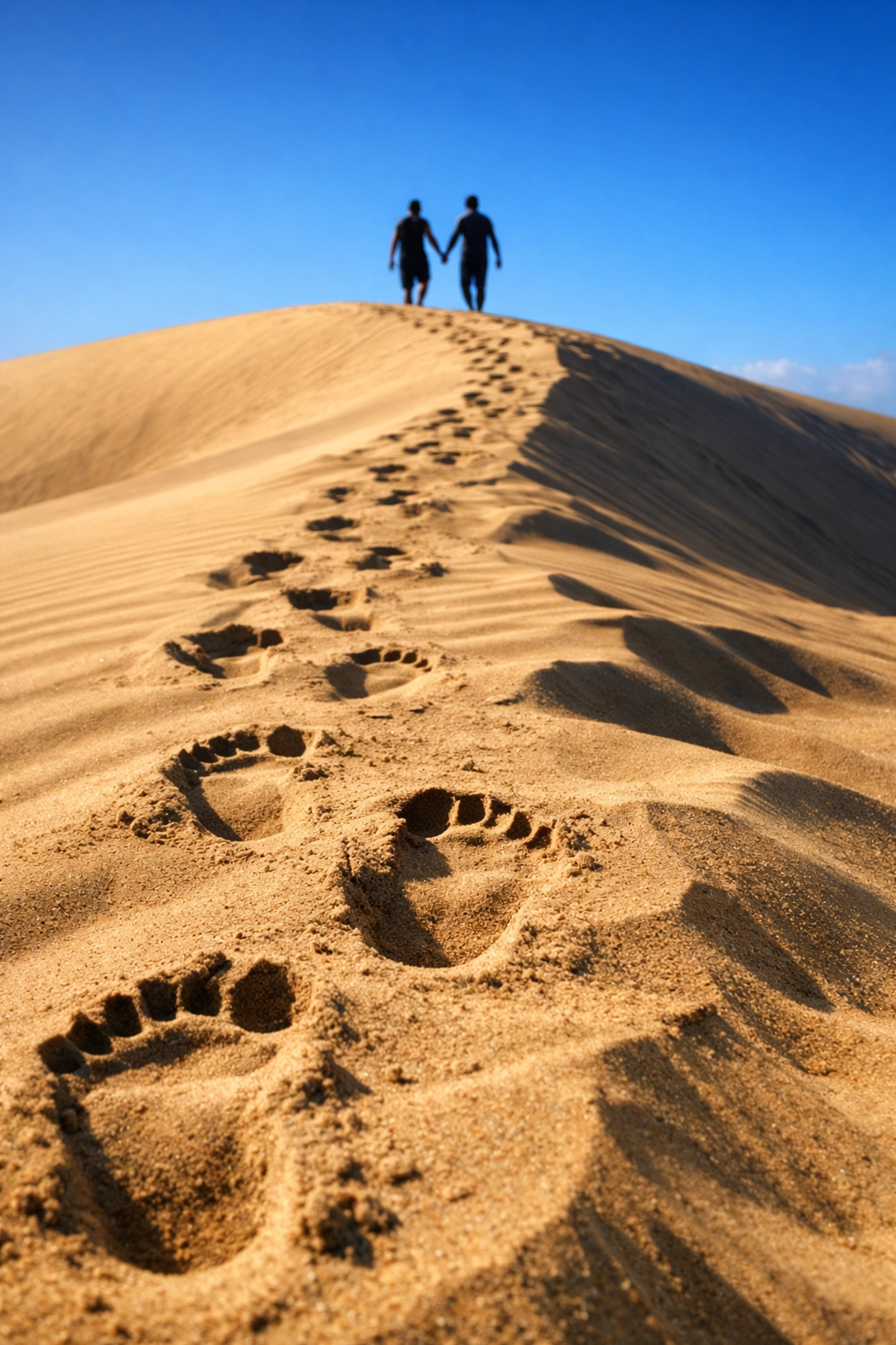Two men walking through Maspalomas sand dunes on gay naturist beach Gran Canaria