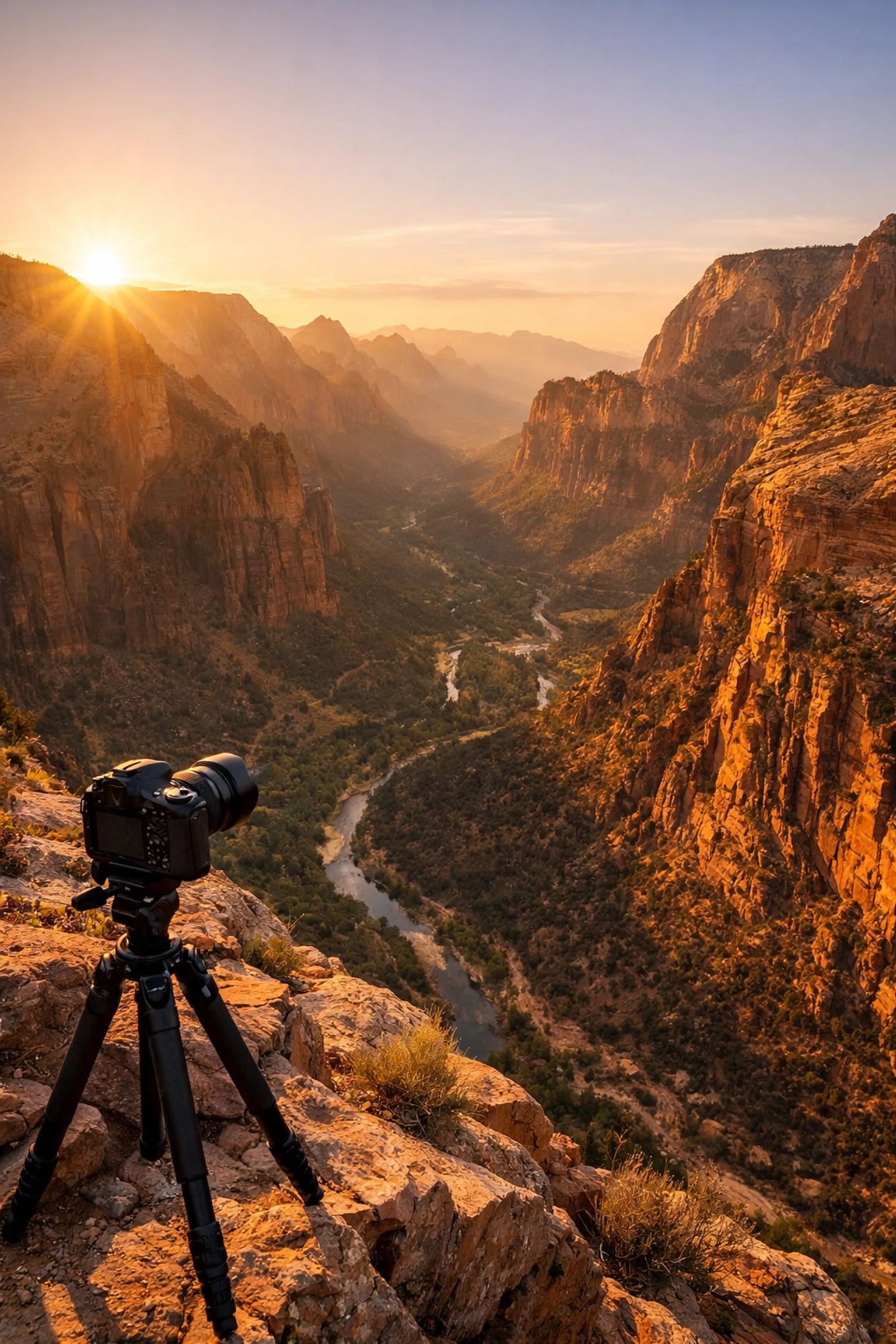 Travel photographer capturing golden hour at Zion National Park with a professional camera and tripod.