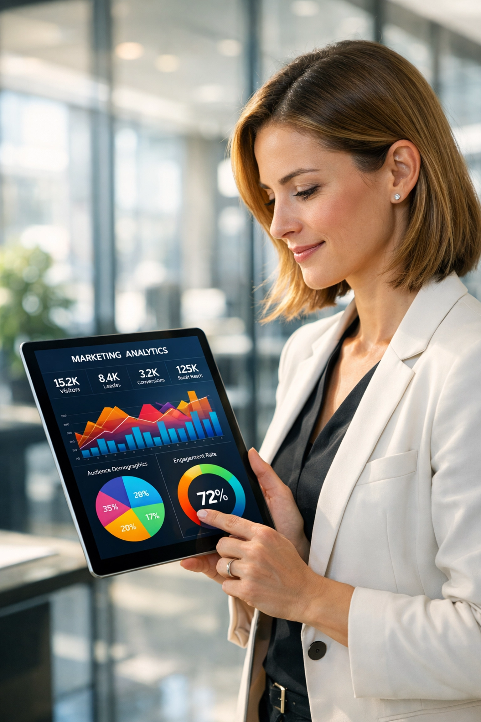 Marketing executive analyzing Super Bowl NIL athlete engagement data and campaign metrics on a digital tablet.