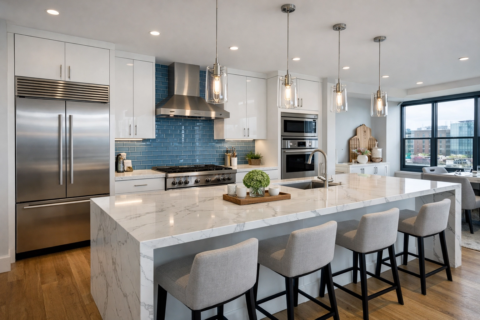Modern Seaport loft kitchen with immaculate marble countertops following a deep move-in cleaning service.