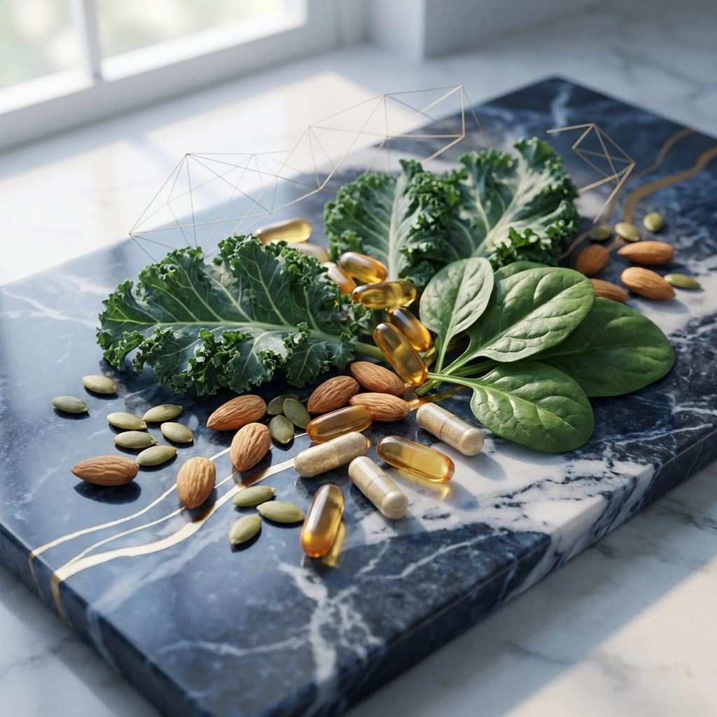 Mineral-rich foods and clean supplement capsules on marble surface highlight sources of essential minerals.