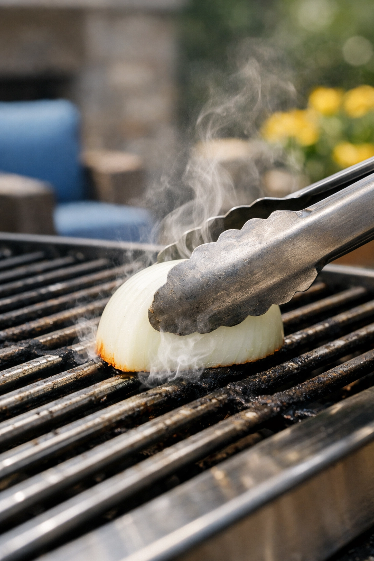 Using a halved onion to steam clean hot grill grates as an eco-friendly alternative to wire brushes.