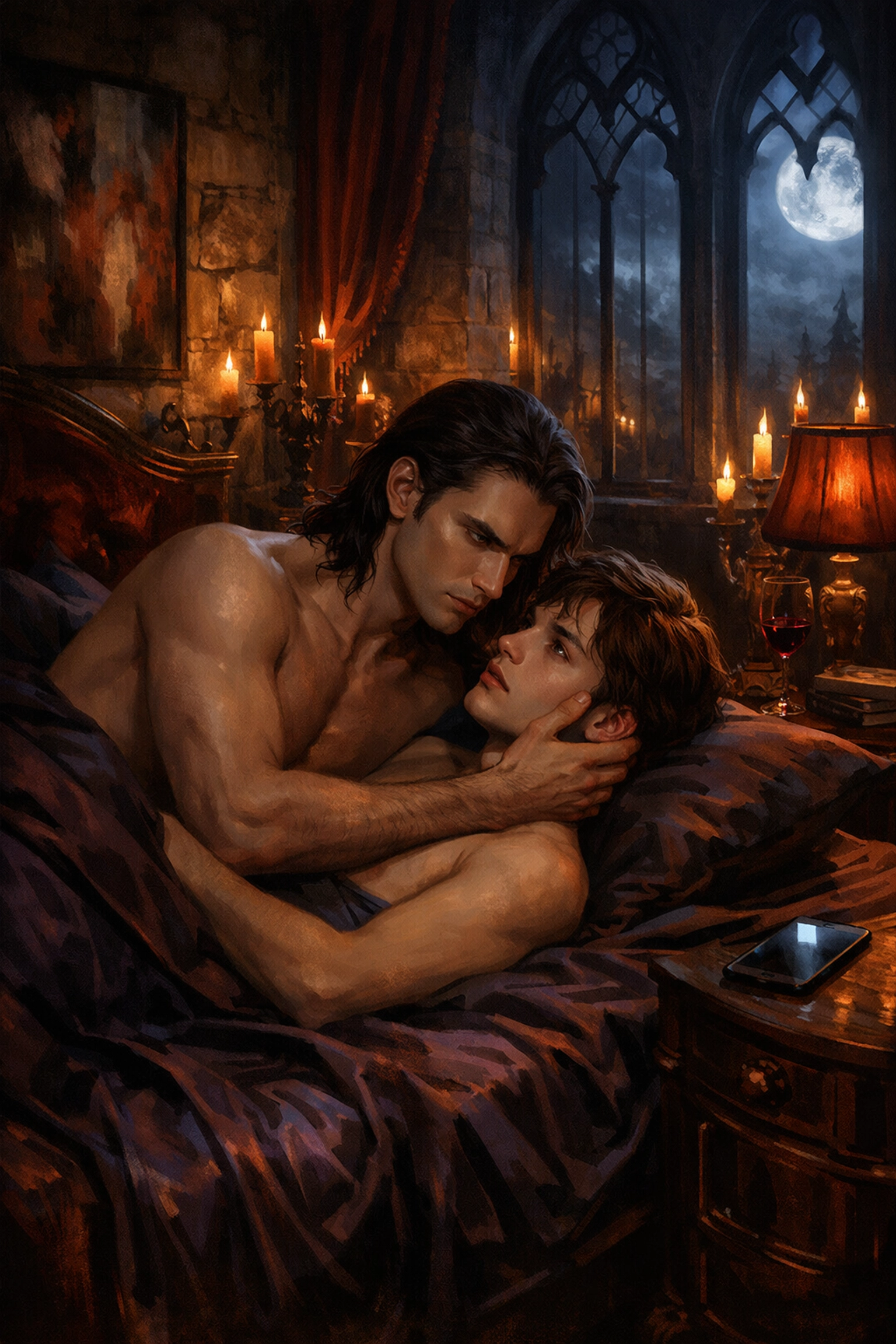 Intimate candlelit scene between immortal and mortal lovers in spicy paranormal MM romance