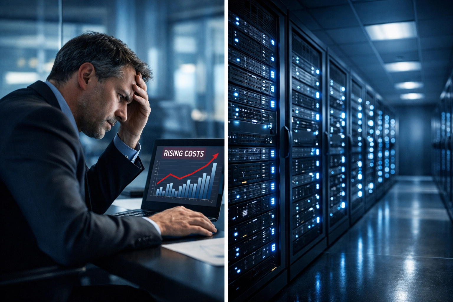 IT executive reviewing rising VMware licensing costs compared to private cloud server infrastructure