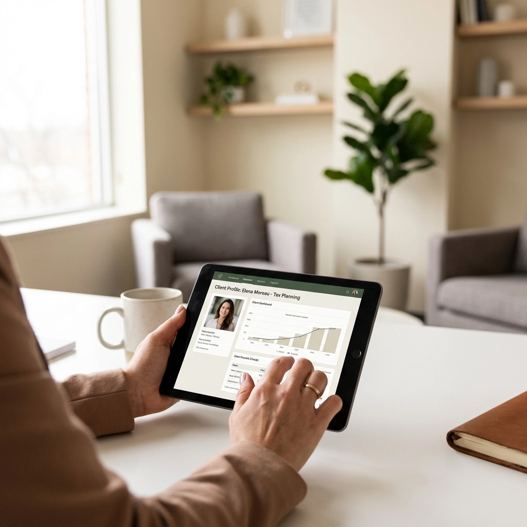 Tax consultant personalizing services for clients by reviewing client profile in a modern office setting