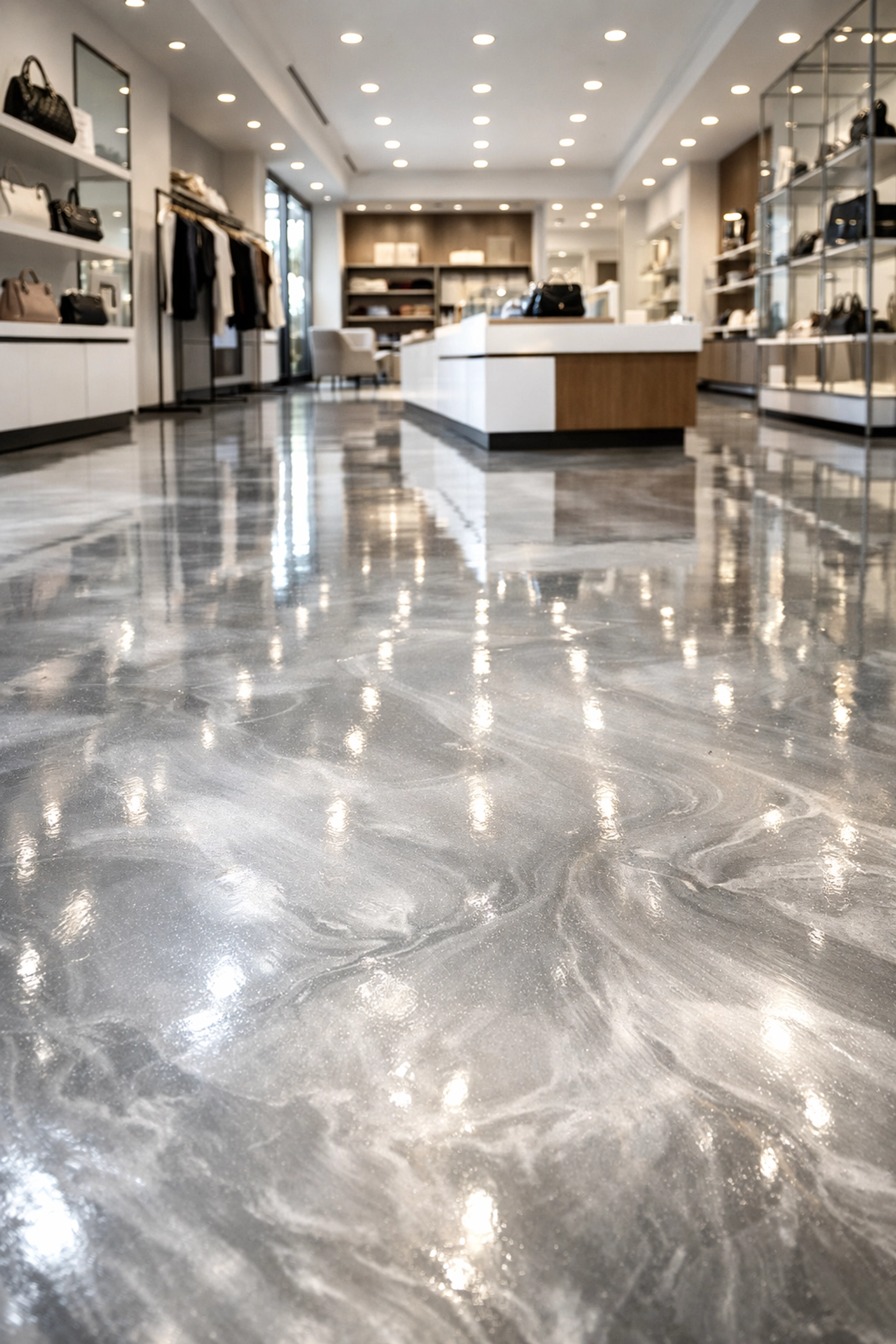 Metallic epoxy floor coating in Ridgeland retail showroom with reflective finish
