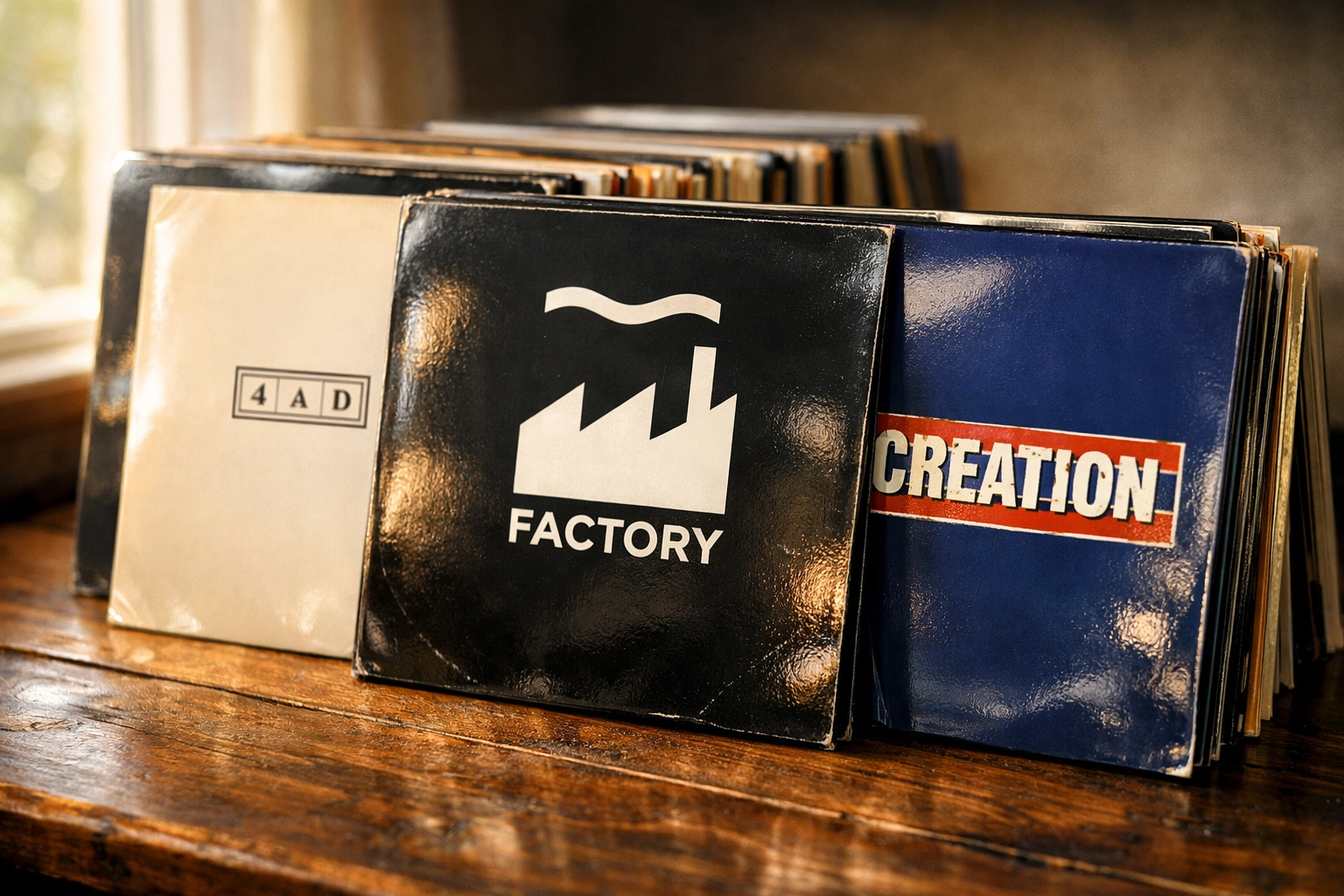 Independent label vinyl records including Factory Records and 4AD albums stacked together