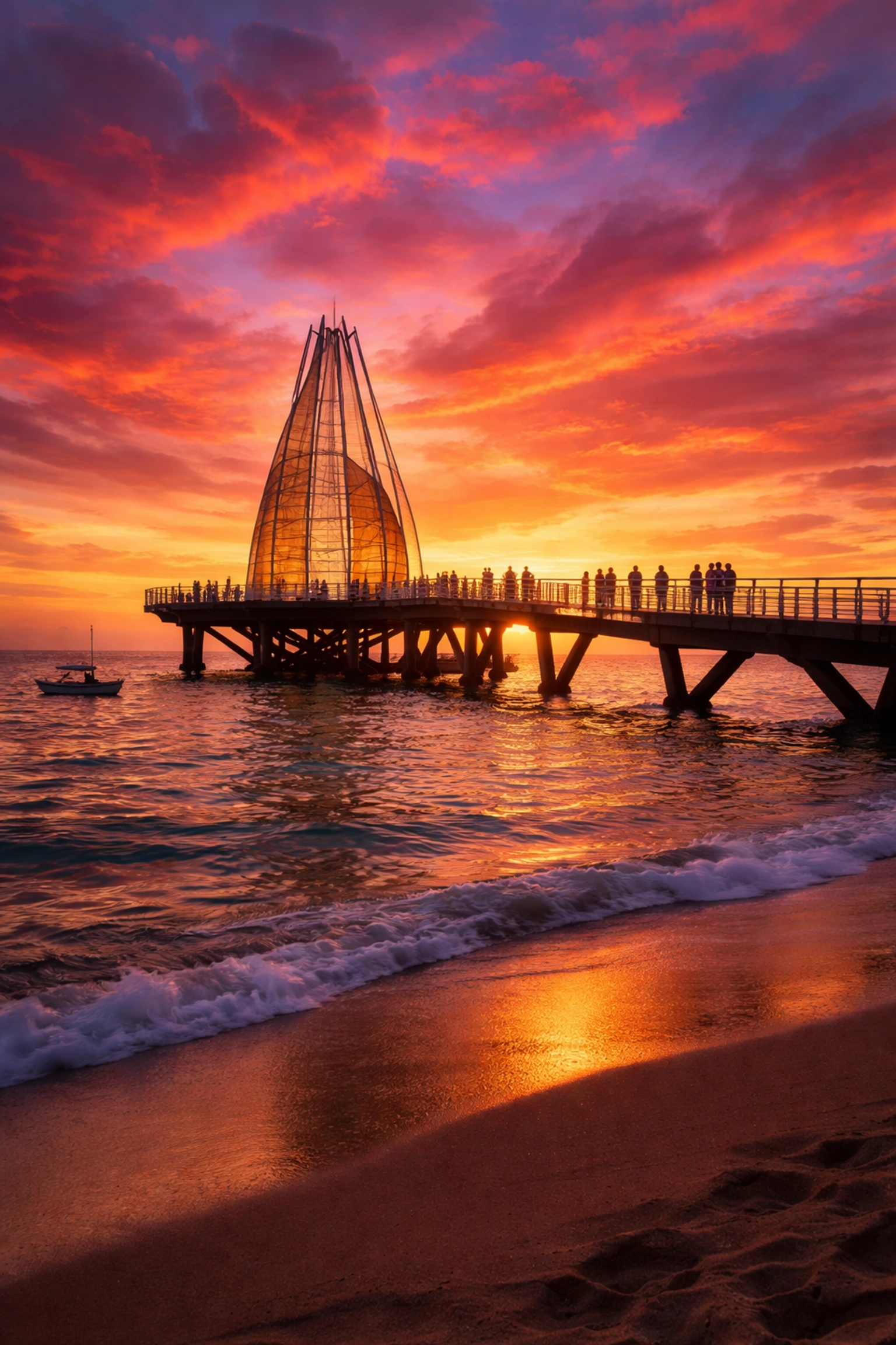 Los Muertos Pier at sunset in Puerto Vallarta, iconic pier silhouetted against a vivid sky