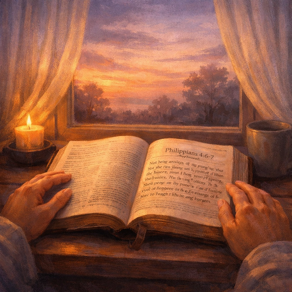Open Bible on windowsill with hands in prayer for peace and reducing news anxiety