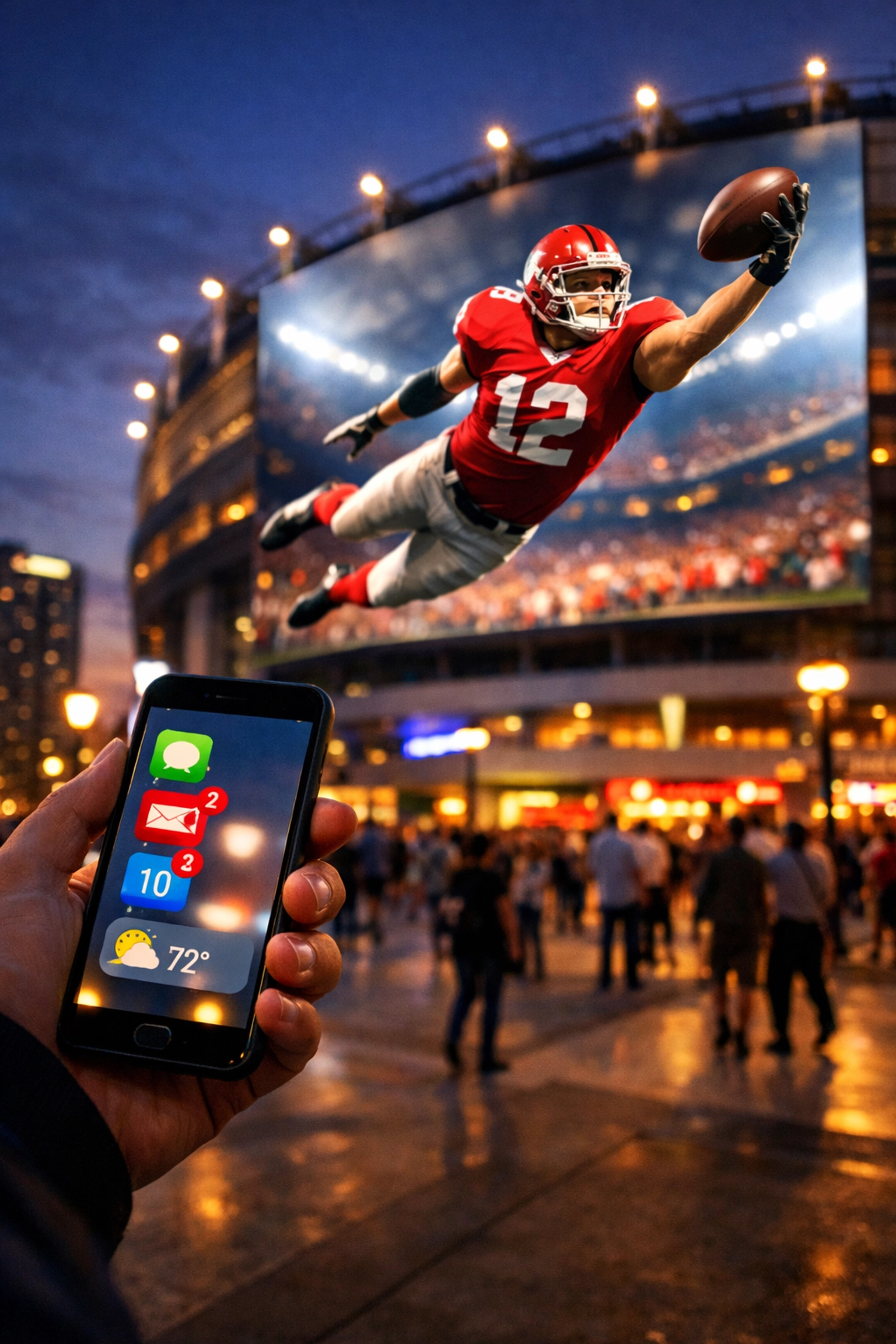 Mobile phone sync with a digital billboard in a city plaza for integrated sports marketing.