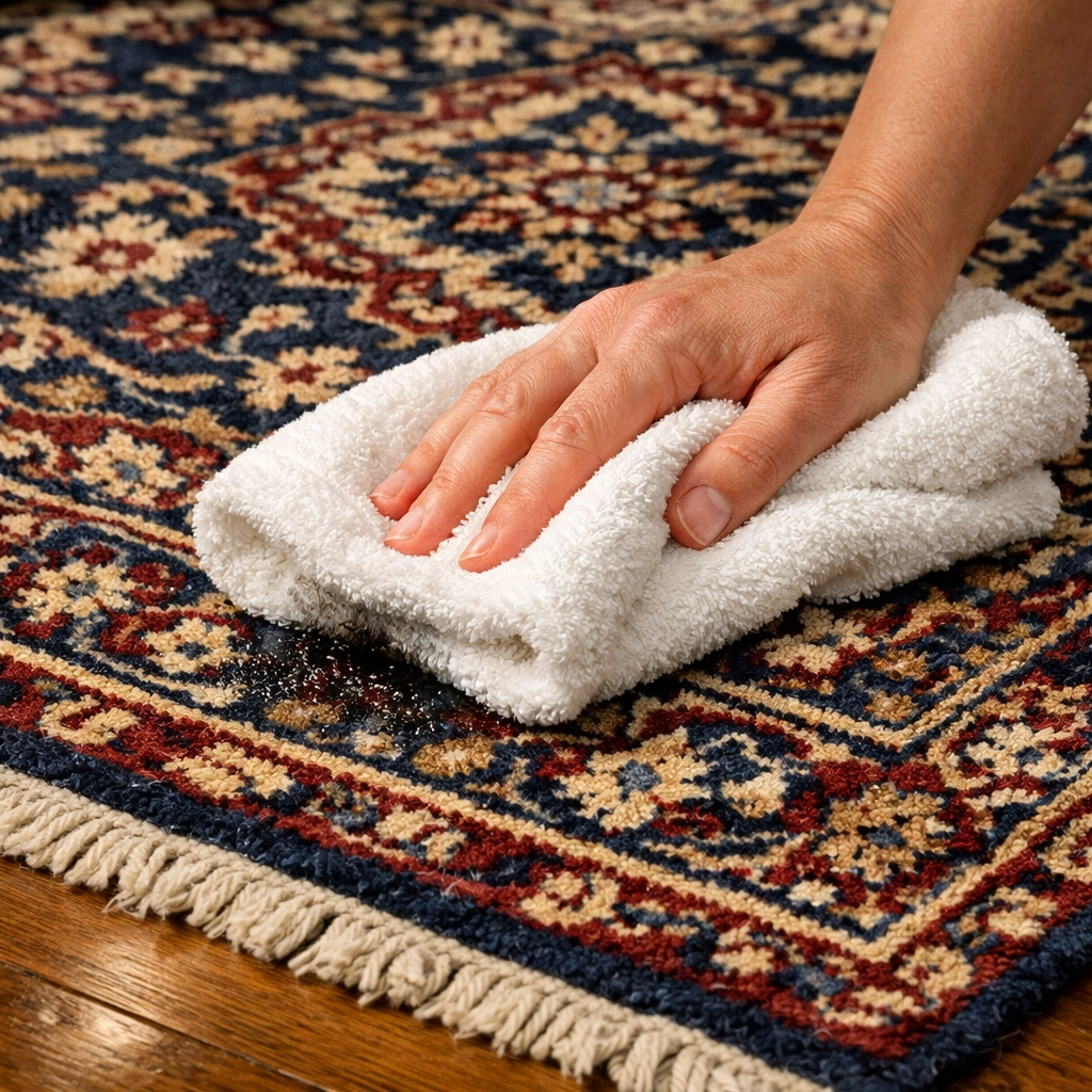 Professional rug cleaning technique showing how to blot an Oriental rug without damaging the fabric.