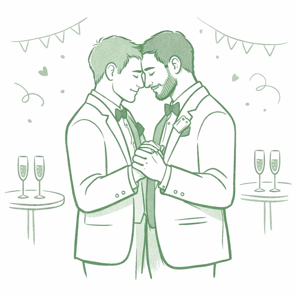 Two grooms dancing intimately at their same-sex wedding reception