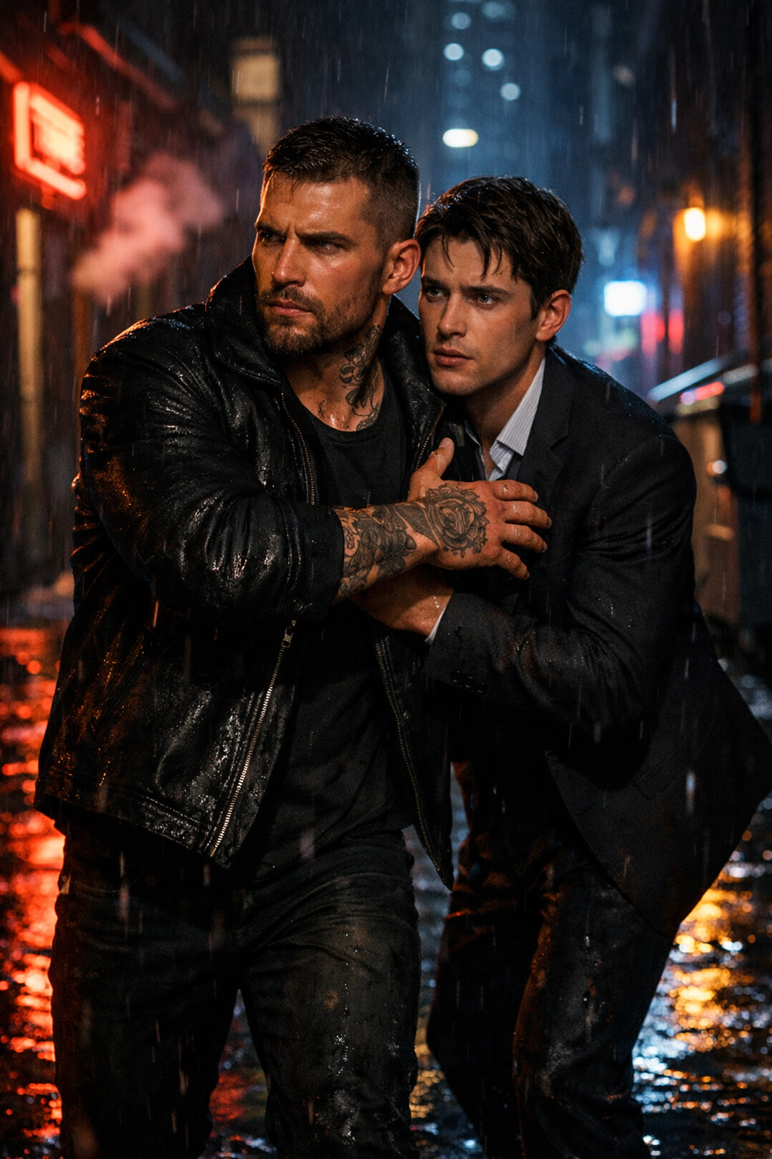 A tattooed enforcer shielding his partner in a rainy alley, a classic scene in dark MM romance books.