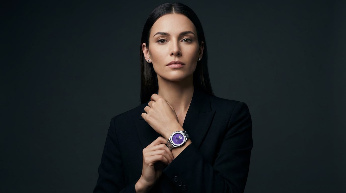 Woman in black suit displaying the purple dial watch.