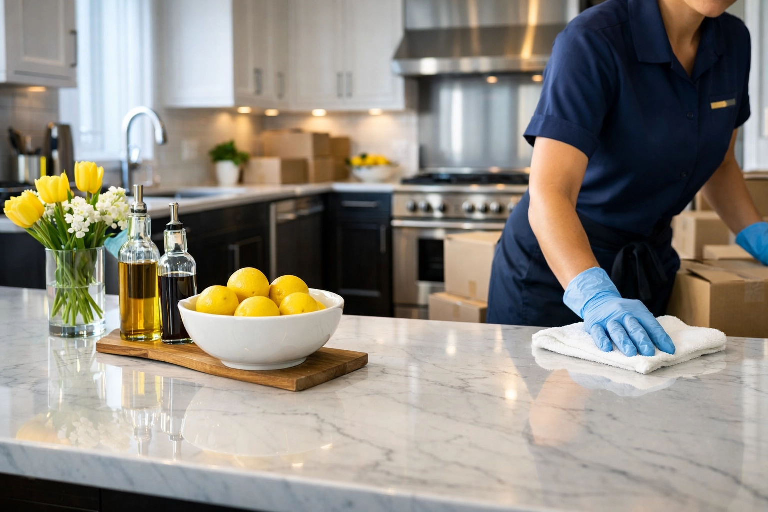 Professional Boston apartment move-out cleaning team wiping down a modern kitchen with marble countertops.