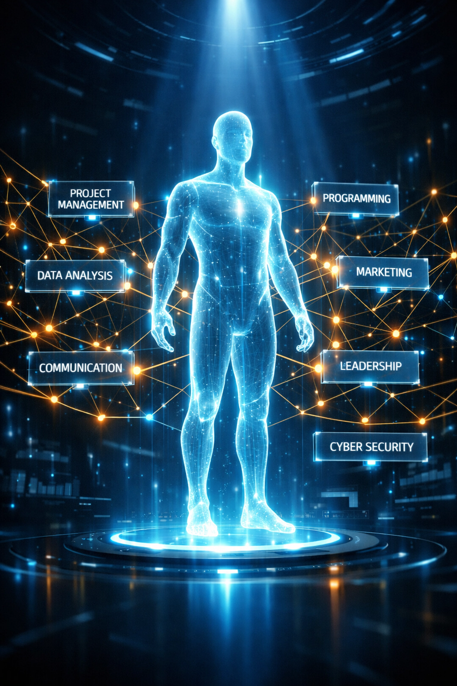 Digital visualization of verified professional skills being indexed by AI hiring systems for career advancement.