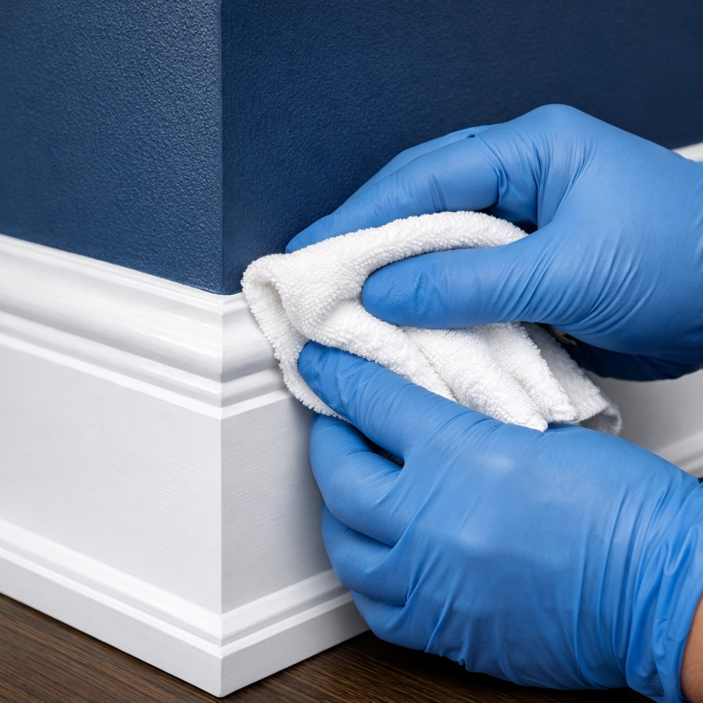 Detailed cleaning of white baseboards and walls as part of a professional move-in cleaning in Boston service.