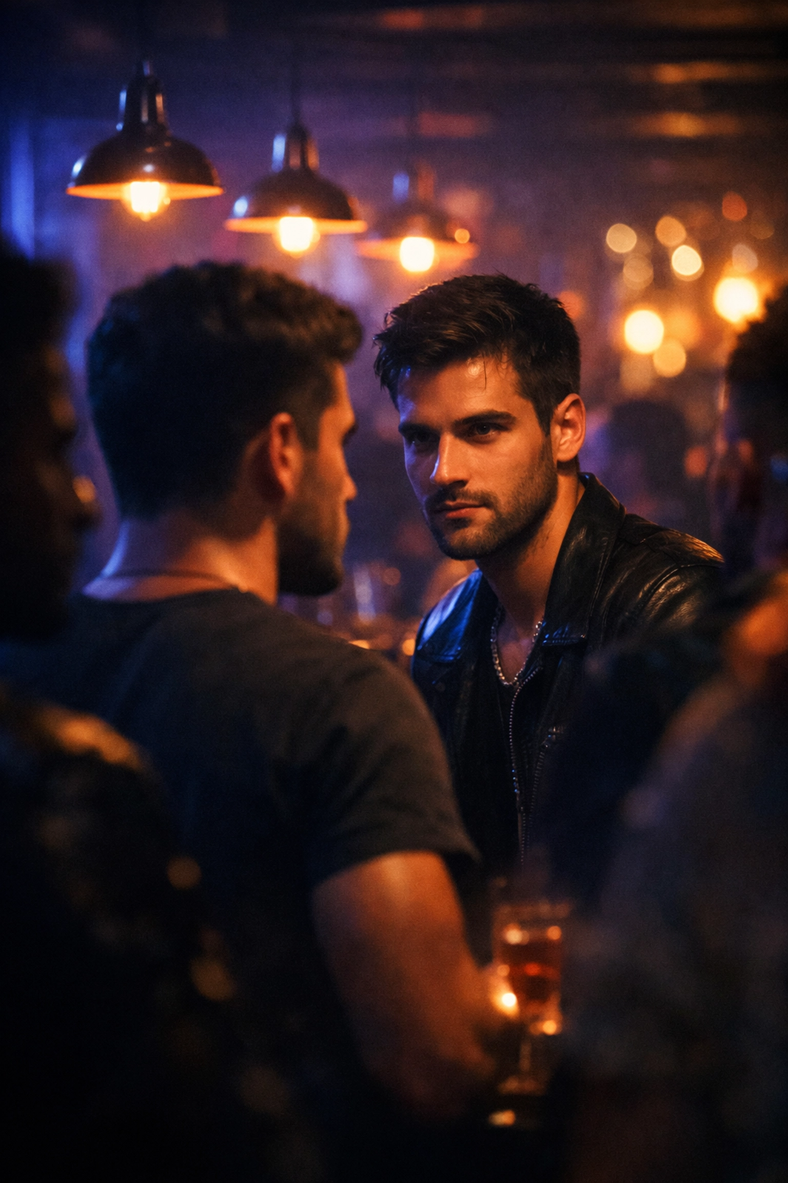 Two men making intense eye contact across a crowded gay cruising bar with ambient lighting