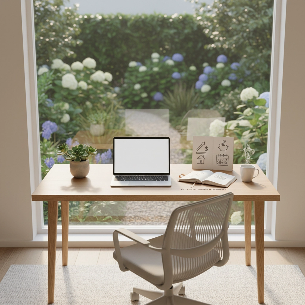 A tidy desk with a laptop, plant, open notebook, and coffee cup by a window overlooking a garden with hydrangeas. Bright and tranquil setting.