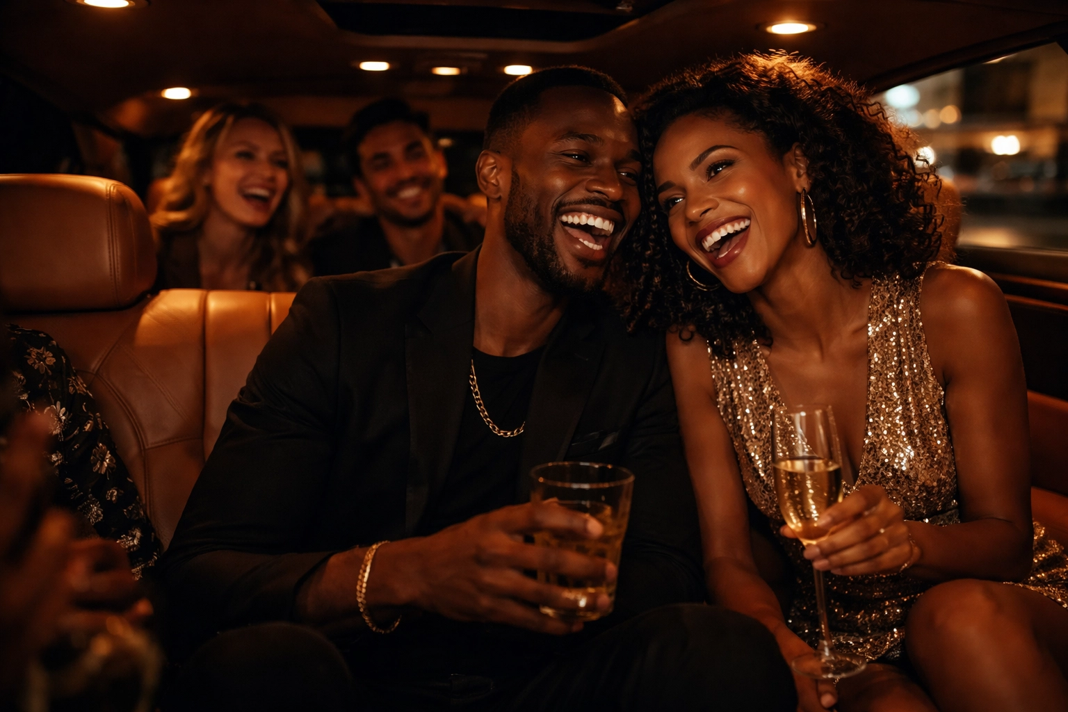 Joyful guests enjoying a luxury ride at night, emphasizing comfortable and elegant private group transportation.