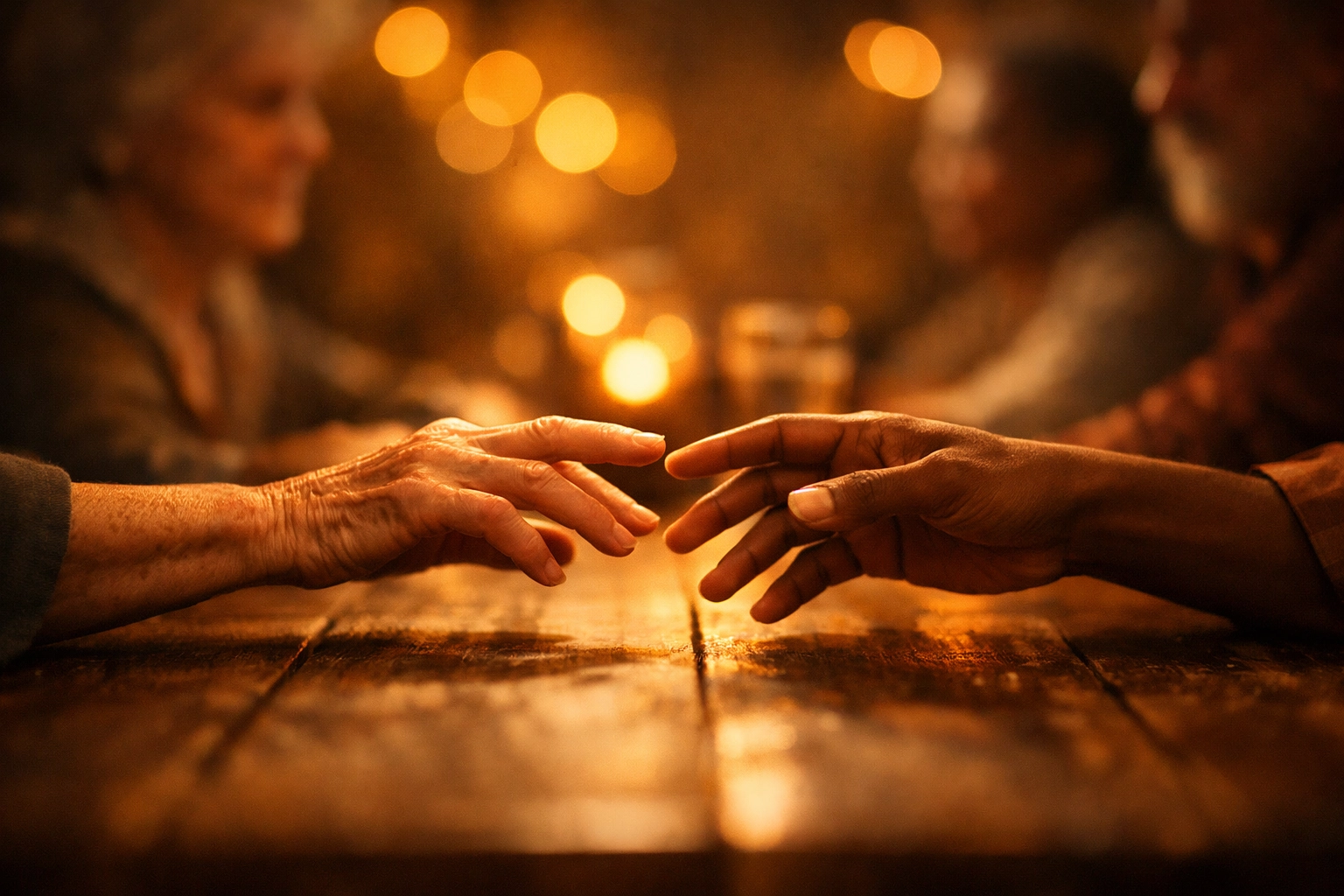 Diverse hands reaching toward each other symbolizing Christian community connection and fellowship