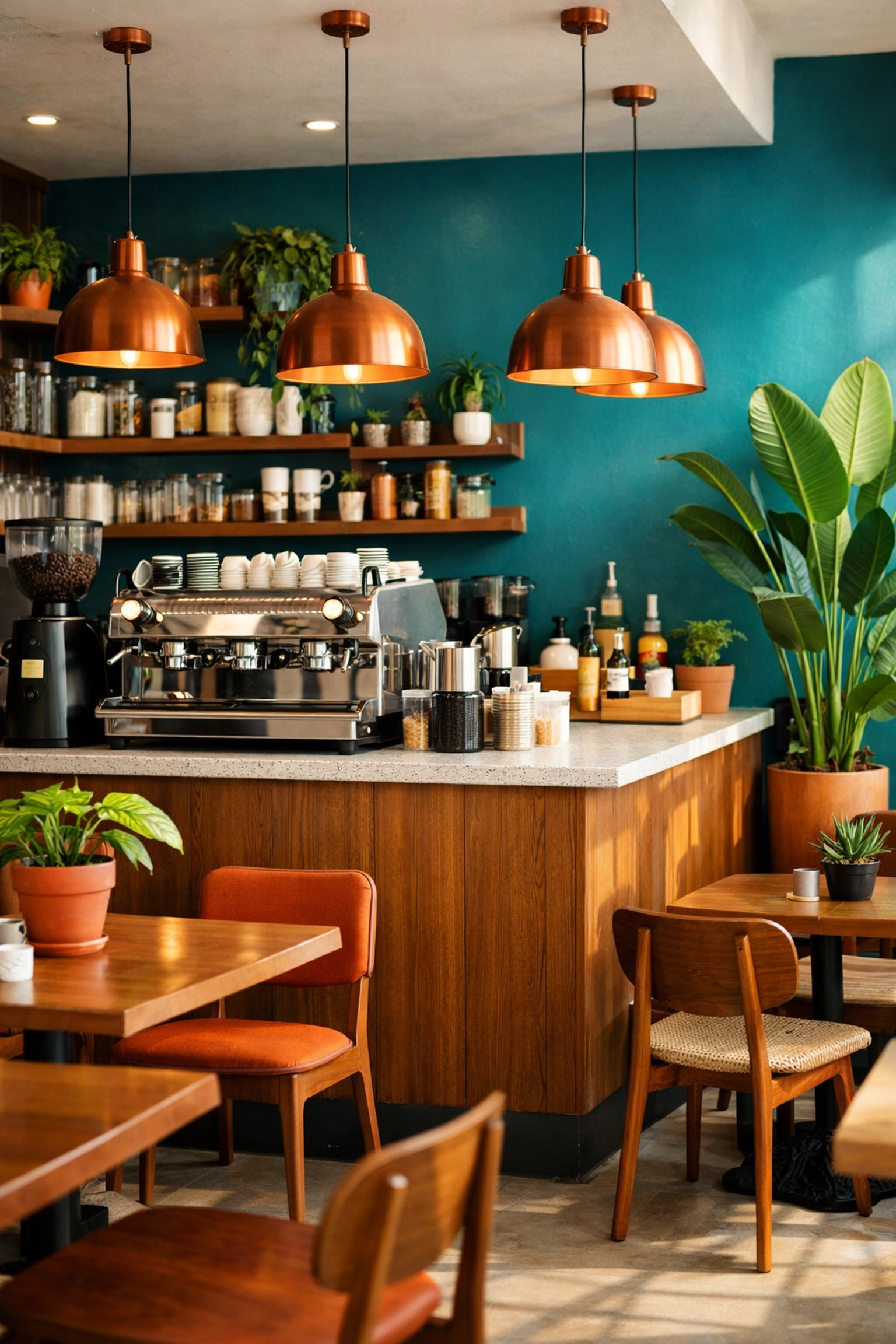 Modern coffee shop interior design with bold teal walls and warm wood showcasing strong brand identity