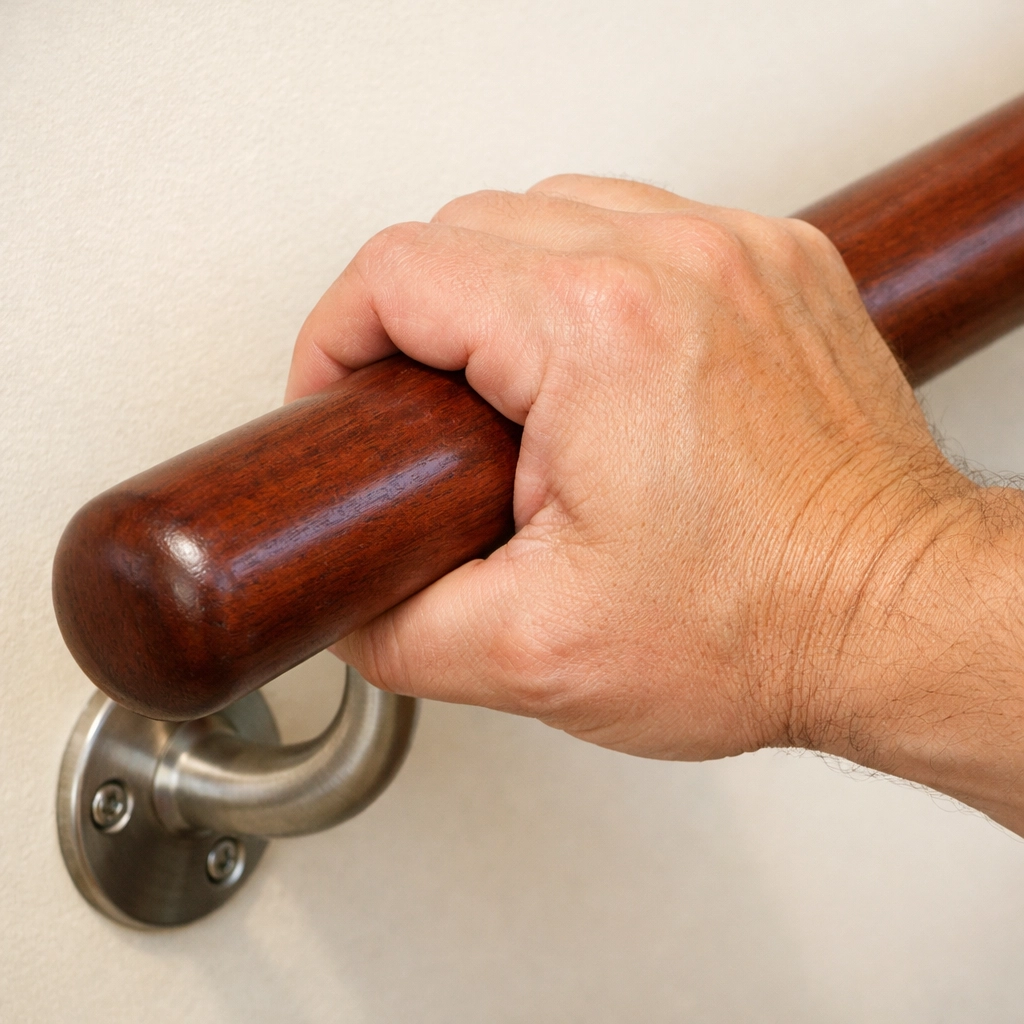 A person using a secure power grip on a sturdy, rounded mahogany stair handrail for stability.