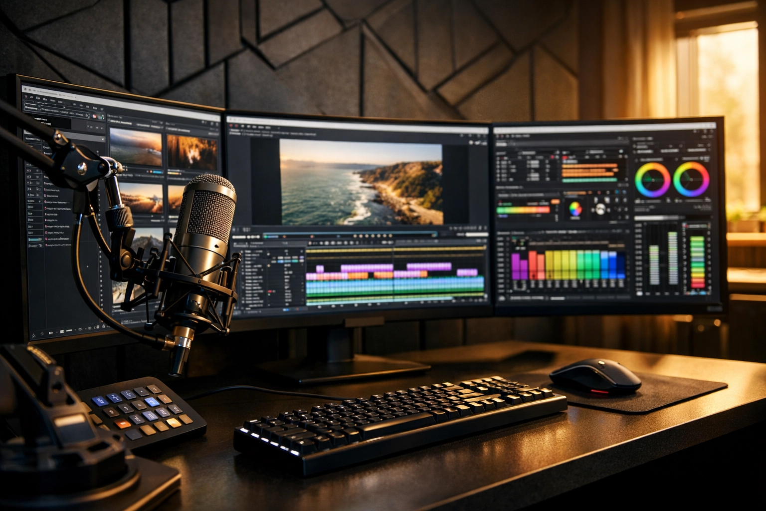 Specialized high-tech pod for content creators with professional video editing and sound equipment.