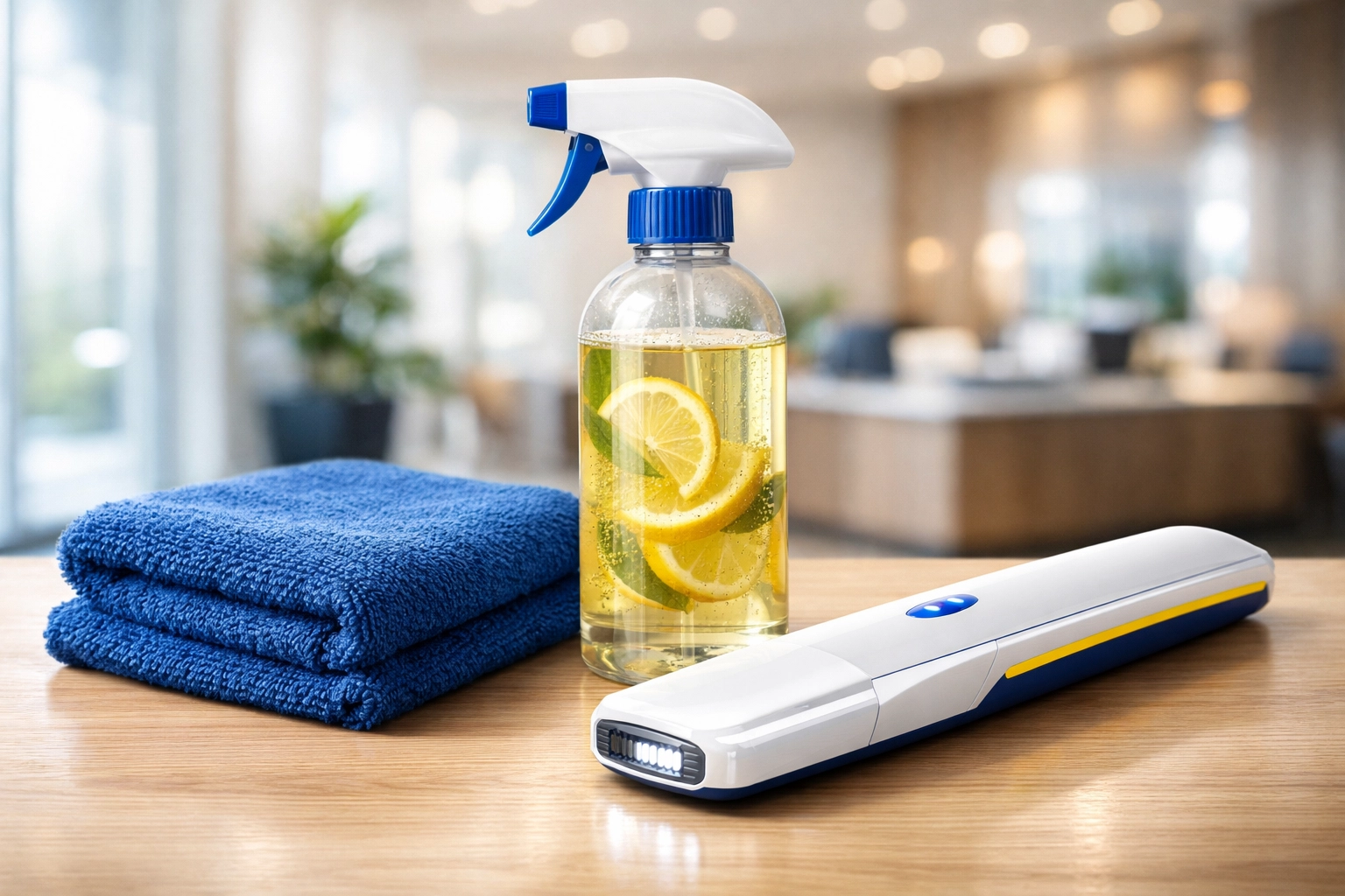 Eco-friendly supplies and tools used for safe commercial cleaning Boston MA in corporate offices.