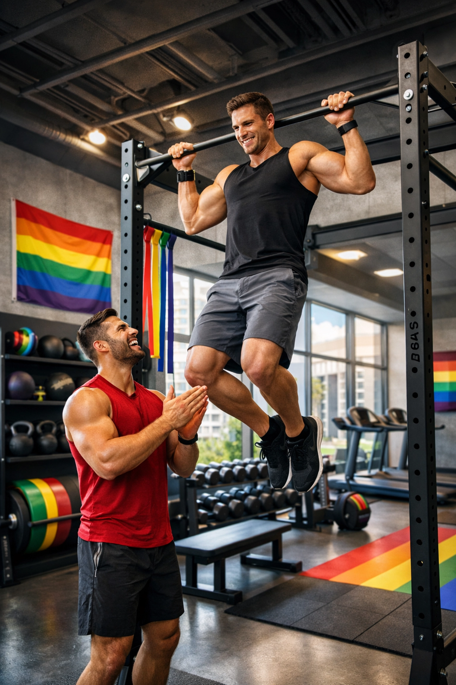 LGBTQ+ inclusive gym with pride elements and two men training together celebrating gay fitness culture