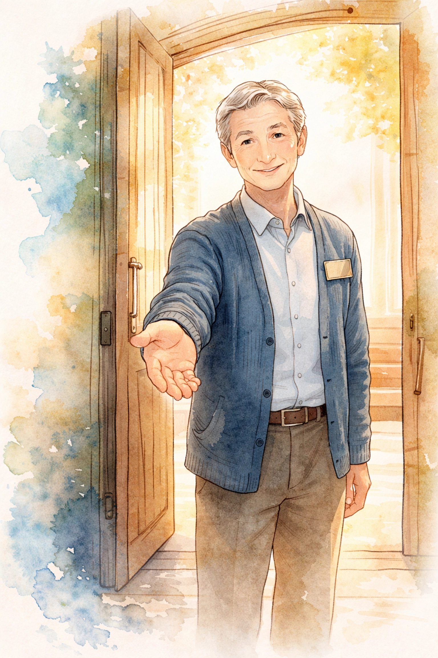 Watercolor illustration of a warm church greeter welcoming visitors with an open door, symbolizing a safe, inviting church environment.