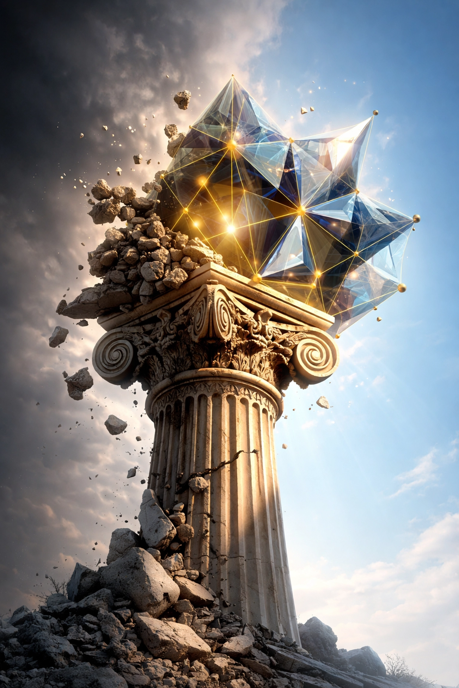 Visual metaphor of traditional 60/40 portfolio transforming into modern diversified investments for accredited investors