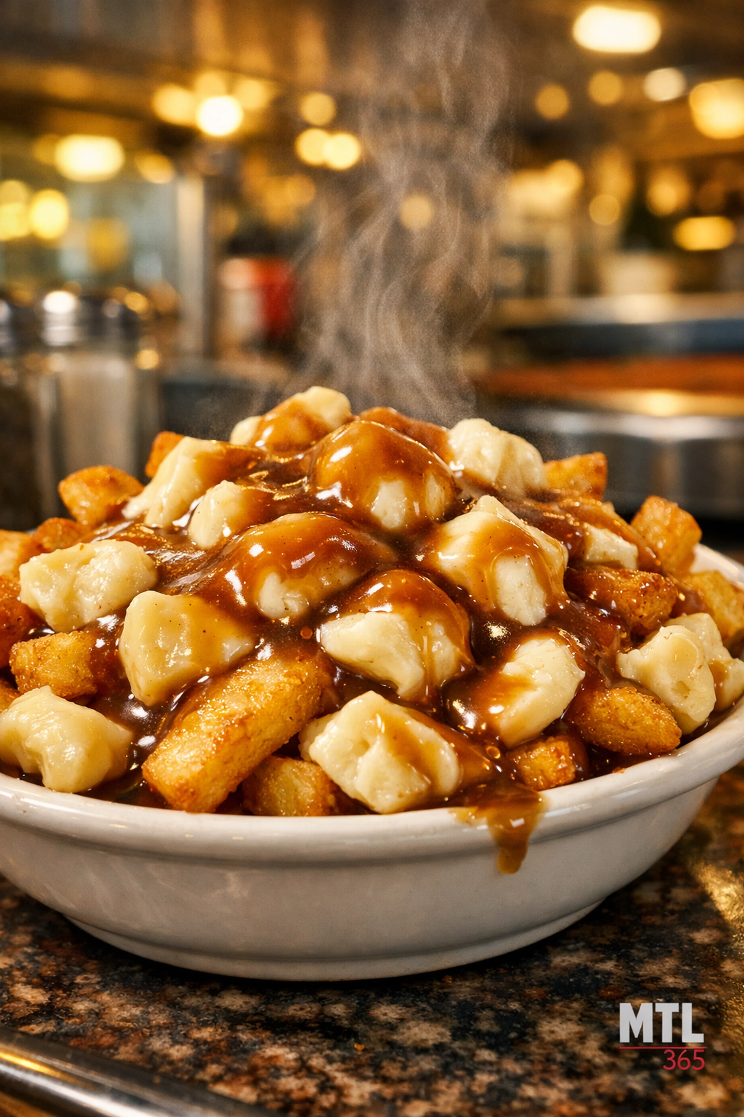 Close-up of a classic Montreal poutine with melting cheese curds and gravy at a late-night diner.